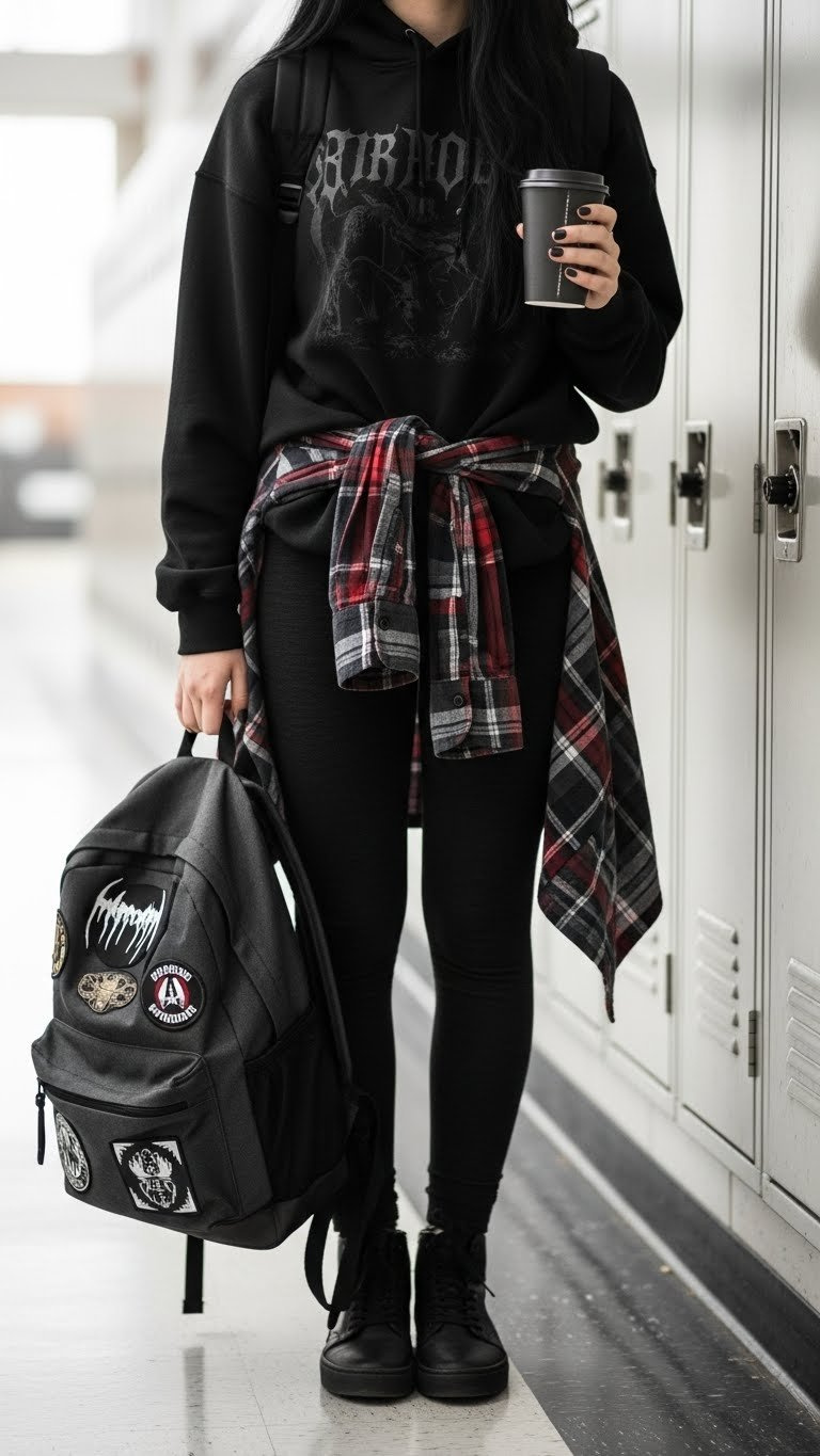 Emo winter student outfit: oversized graphic hoodie, flannel shirt, black leggings, backpack with band patches.