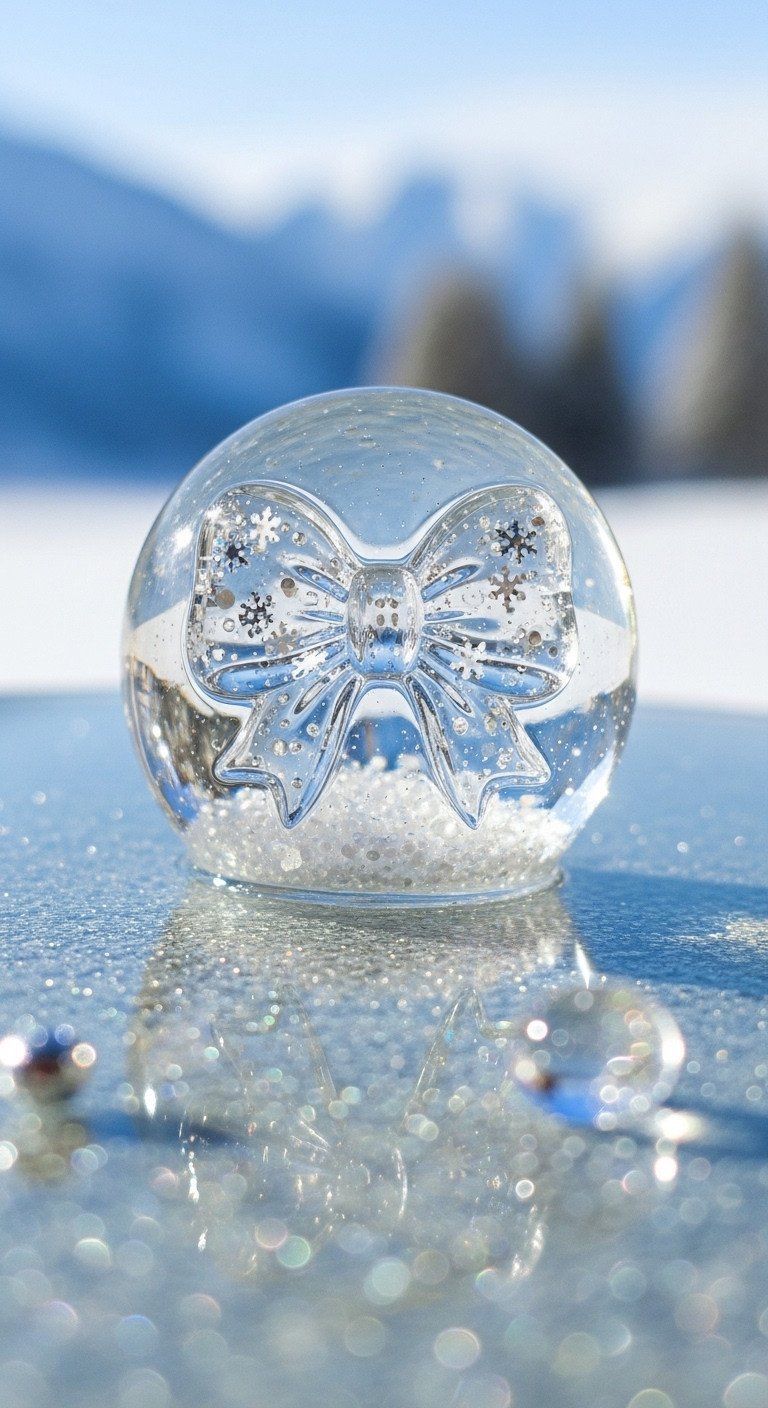 Encapsulated clear snow globe bow nail design with micro snowflake glitter, transparent gel, icy winter landscape.