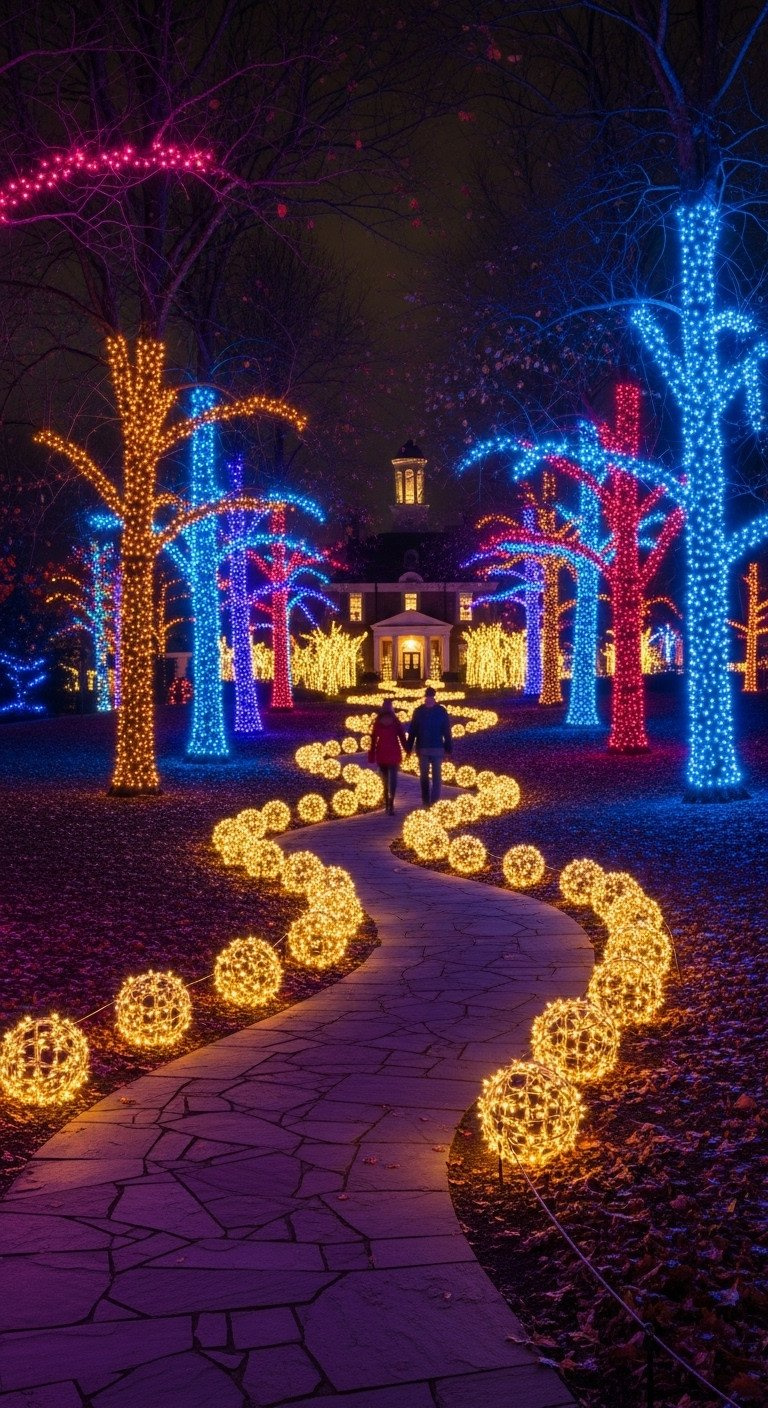 Enchanting stone path at Cheekwood Estate, lit by glowing orbs and trees wrapped in colorful Holiday LIGHTS.