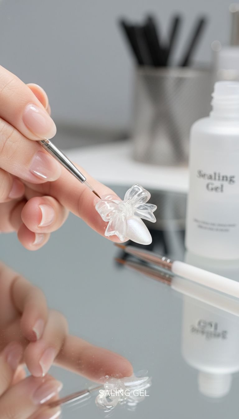 Expert applies clear sealing gel around a complex 3D bow on an almond nail for a professional, smooth finish.