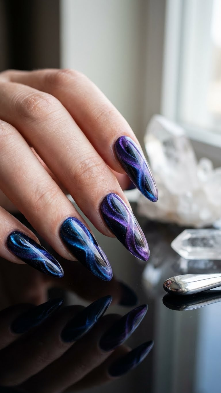 Extra long almond nails showcasing 3D ribbon swirl cat eye in purple & sapphire, with quartz crystals.