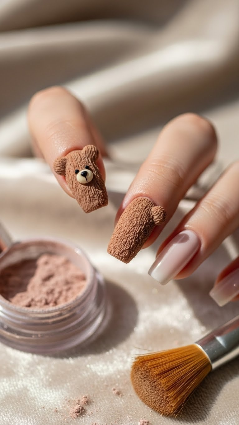 Extreme close-up: single nail with realistic brown fuzzy teddy bear fur texture, a cozy and inviting tactile nail art design.
