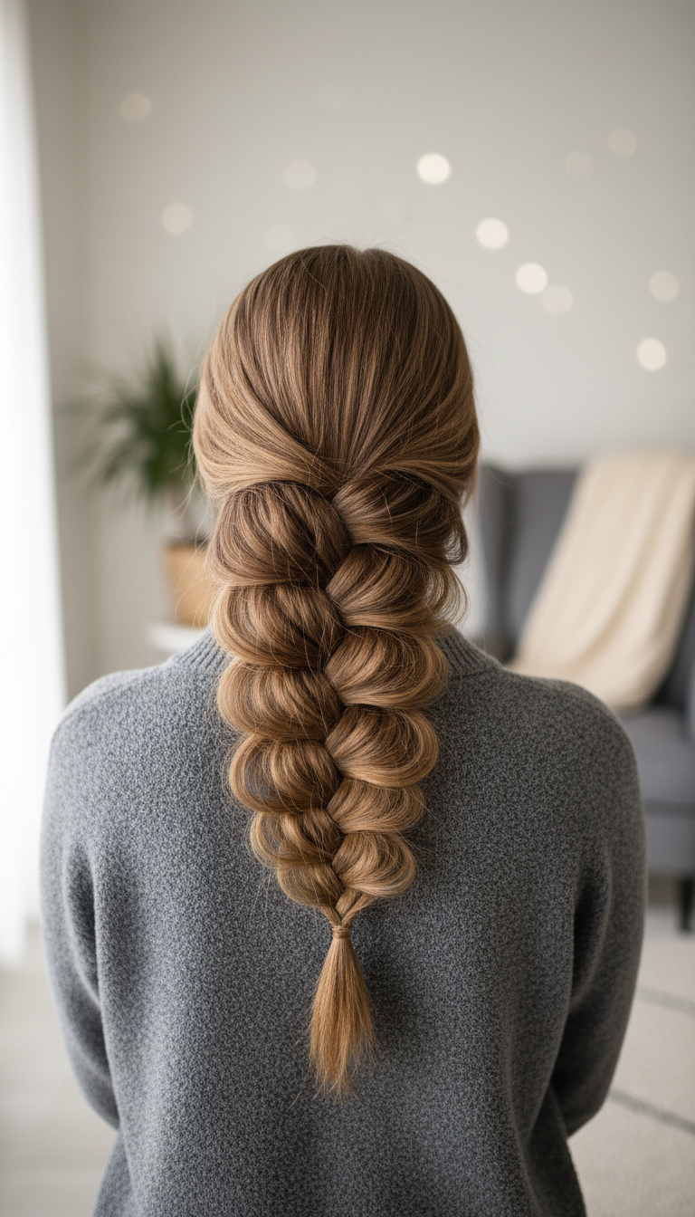 Eye-level close-up of a 'pancaked' pull-through braid on fine hair, creating voluminous illusion. Soft natural light, gray sweater, blurred room.