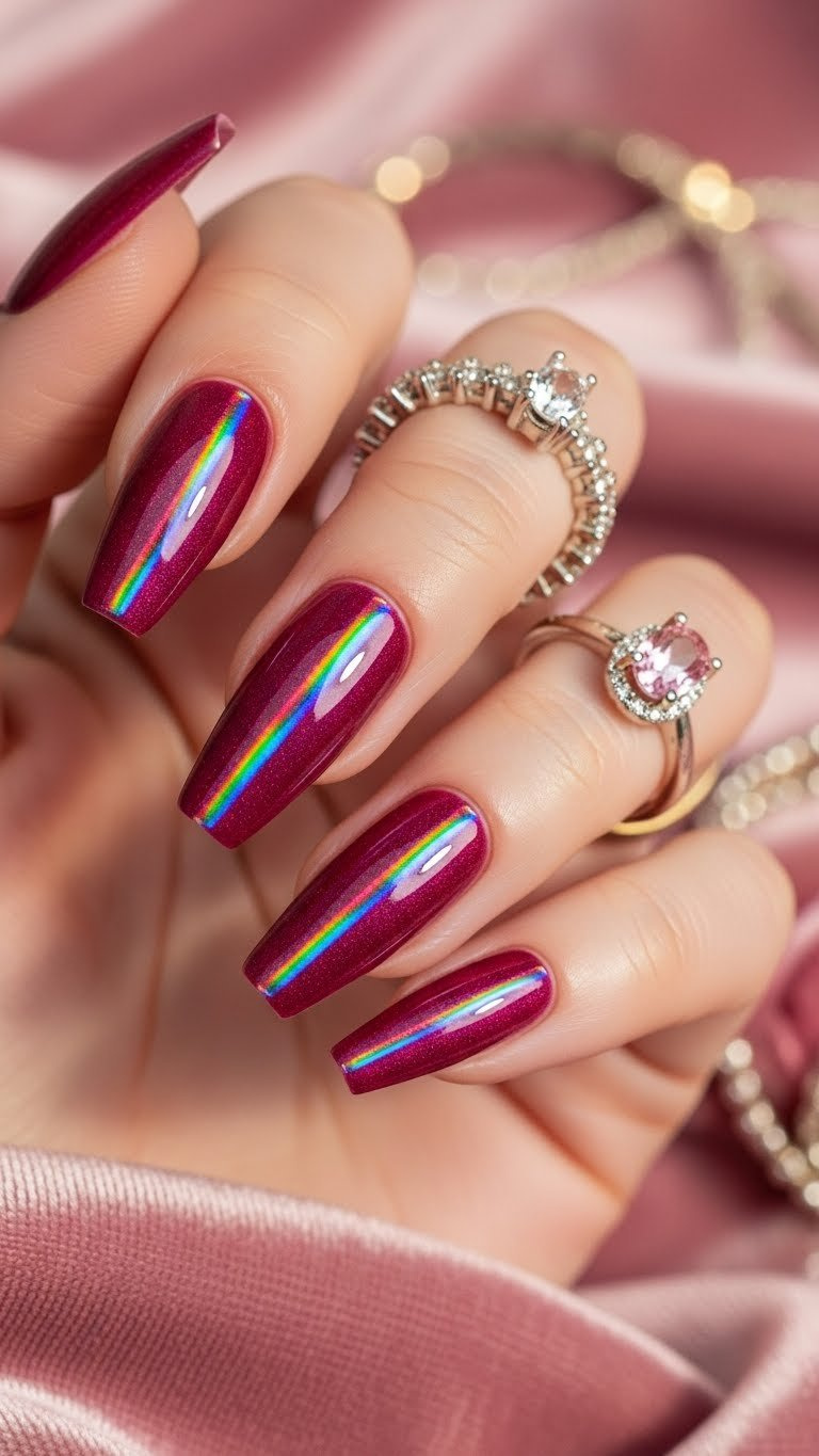 Eye-level close-up of deep pink holographic cat eye nails with rainbow reflective lines on magenta gel. Elegant ring, velvet fabric, warm light.