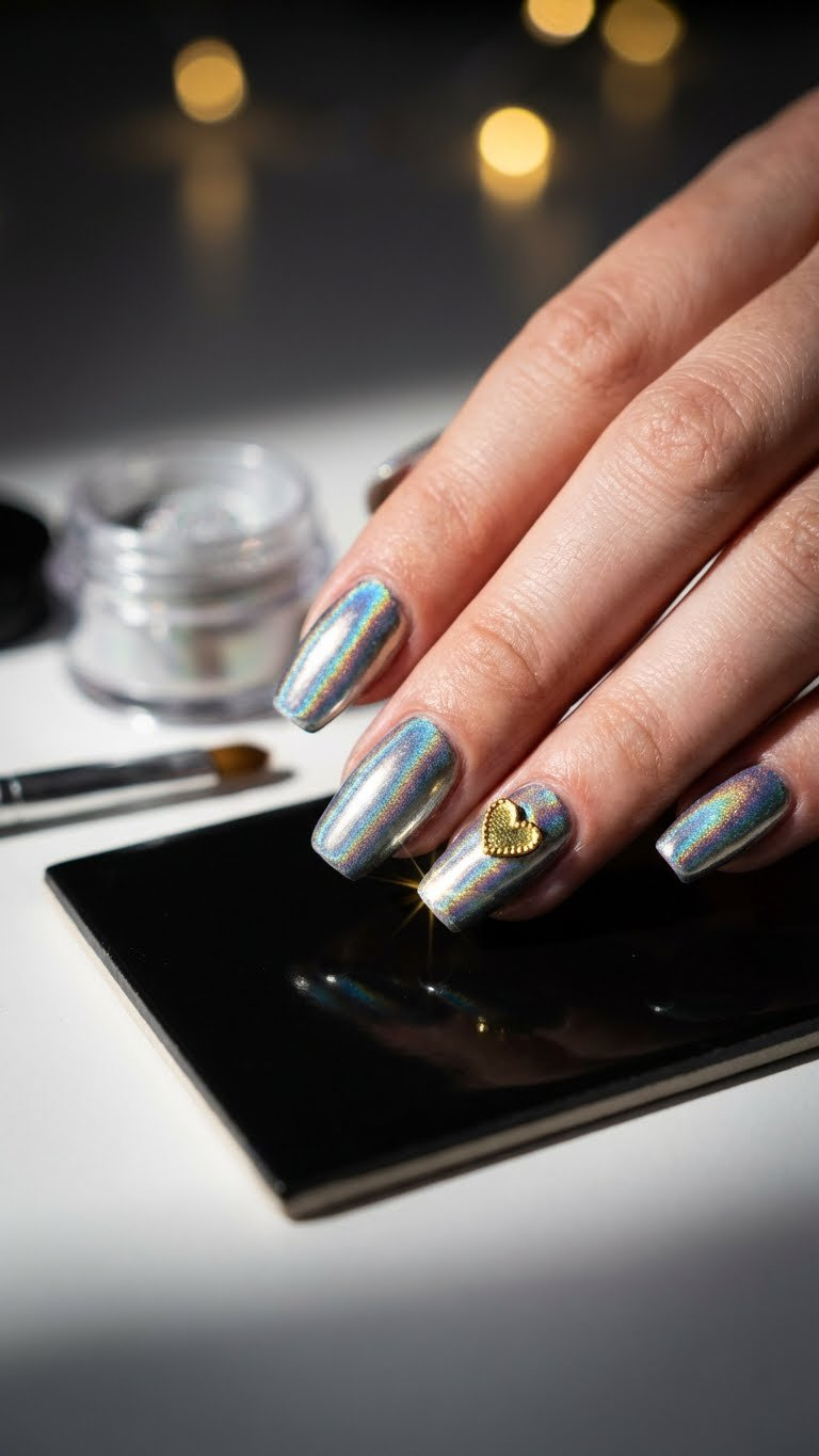 Eye-level close-up of holographic chrome nails with a single gold metallic heart charm, on black tile with blurred lights.