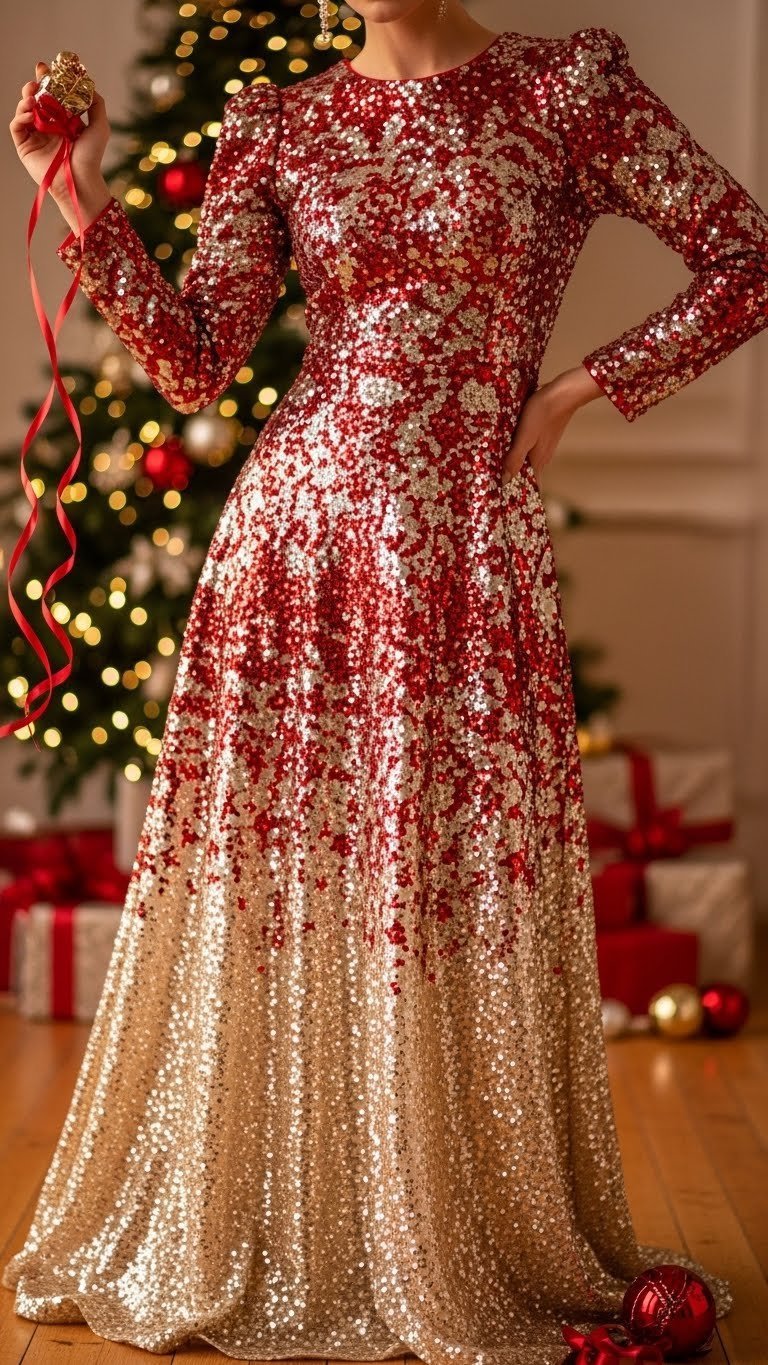 Festive holiday party outfit: shimmering red and gold sequined dress, posing with Christmas tree, twinkling lights, elegant.