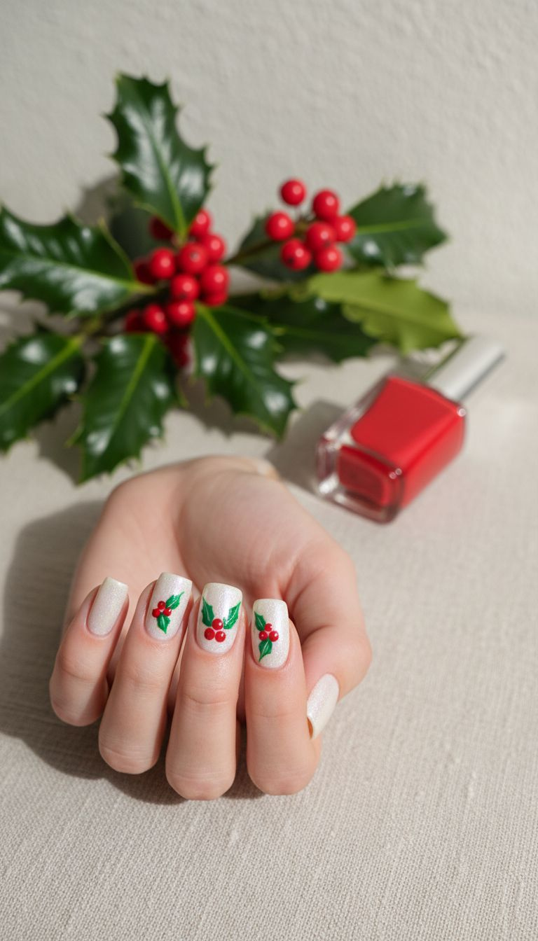 Festive holly berry cluster nail art with red berries and green leaves on pearl white, with fresh holly.