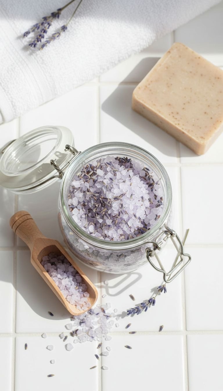 Festive peppermint hot cocoa mix layered in a mason jar with marshmallows and a candy cane beside it.