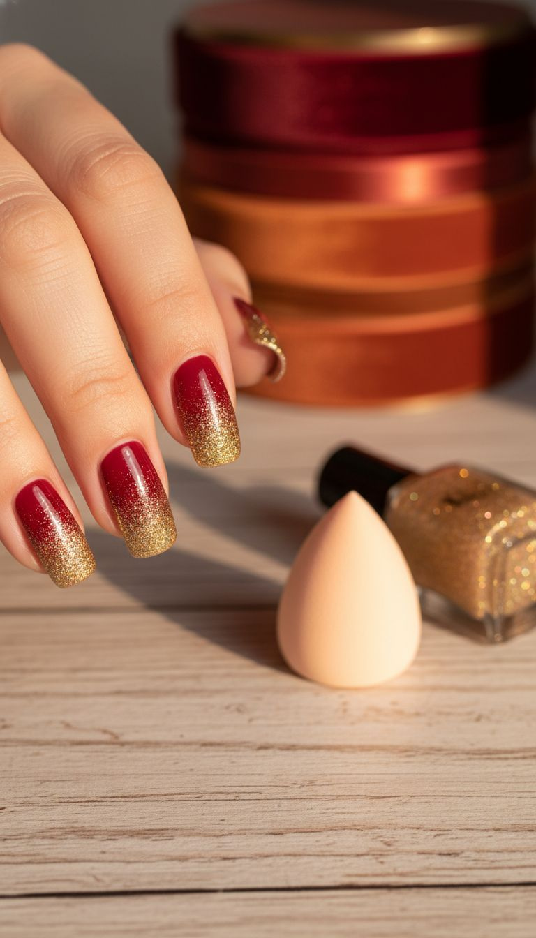 Festive red and sparkling gold ombre glitter fade nail art, a seamless gradient on a wooden vanity surface.
