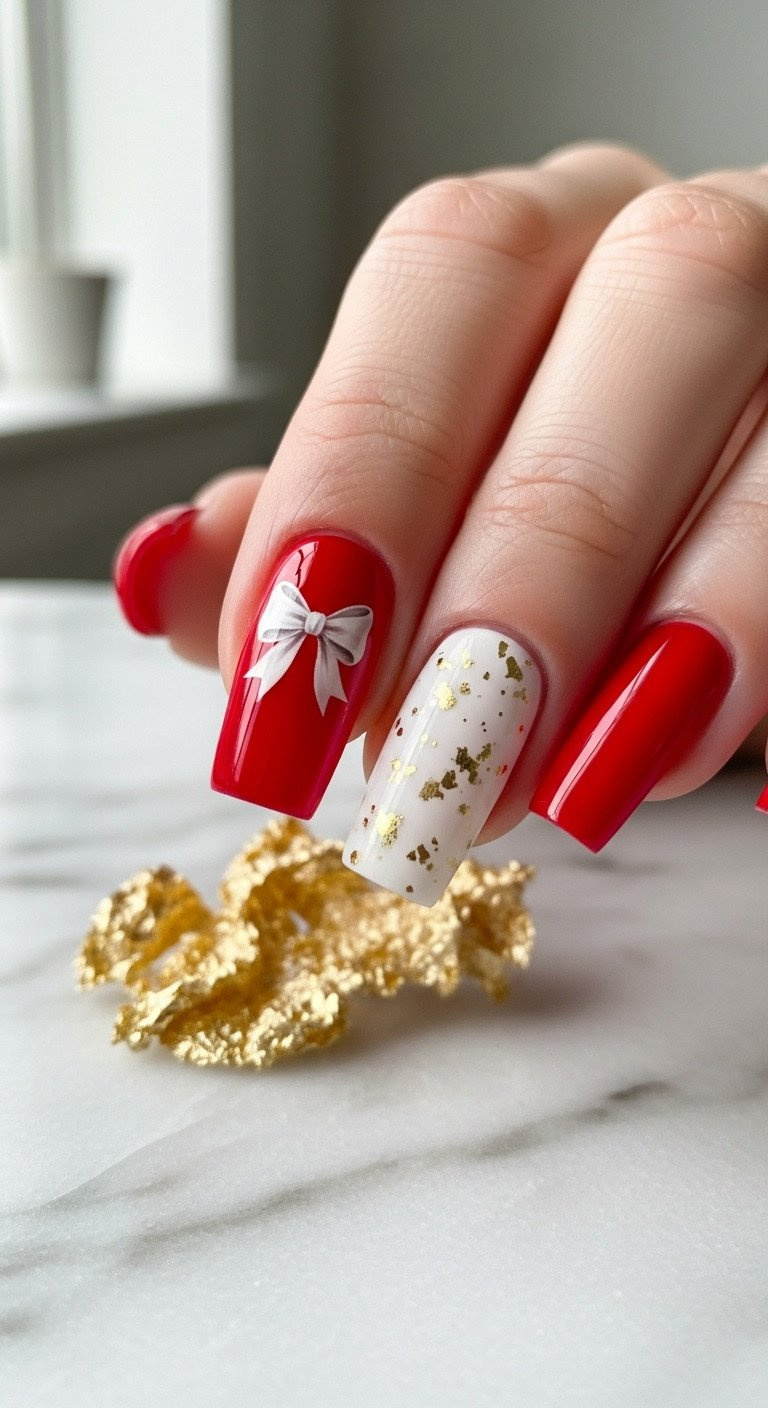 Festive red square nail featuring a delicate white Christmas bow decal, enhanced with gold flakes on a marble countertop. Elegant holiday nail art.