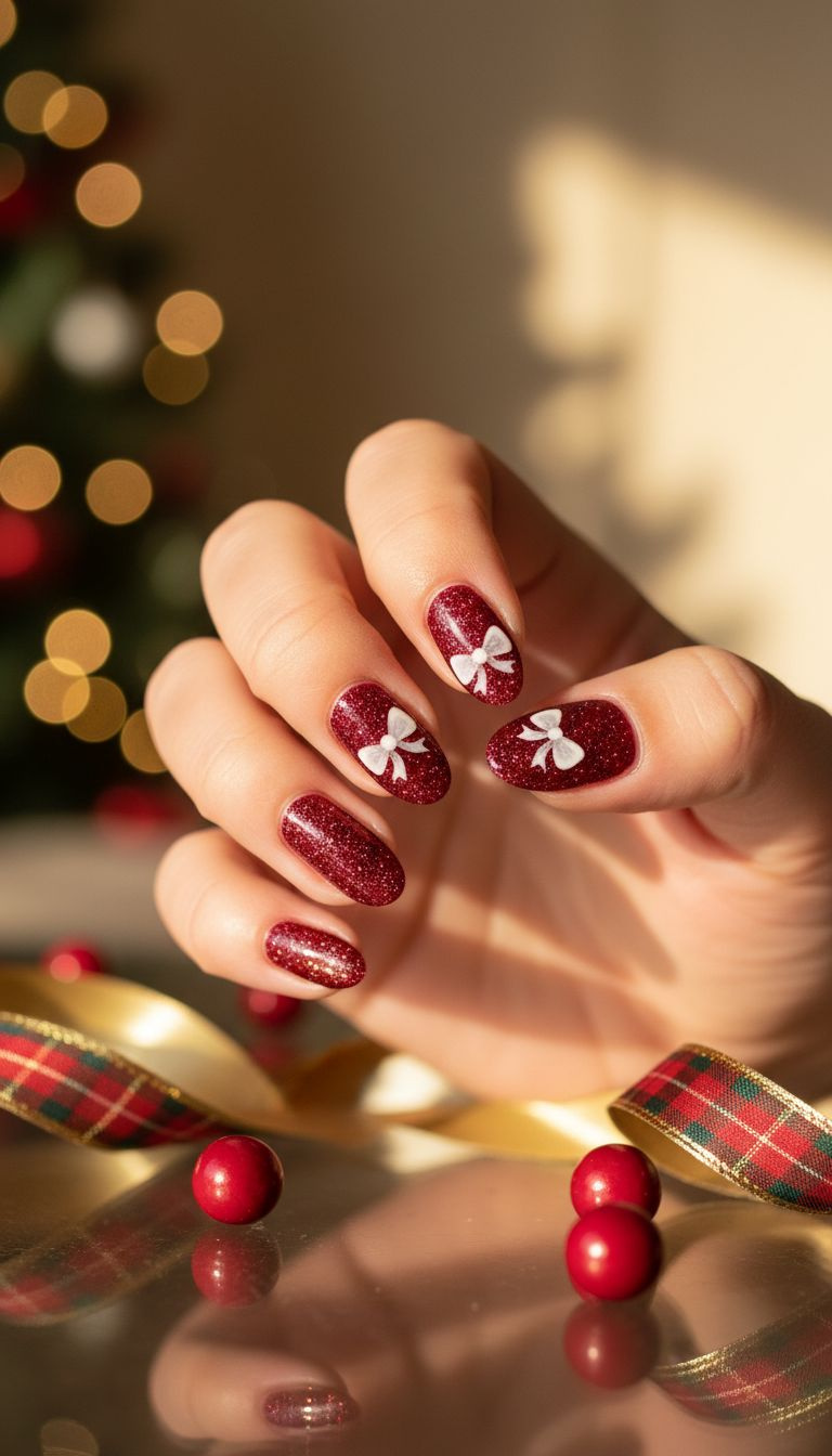 Festive short wine red glitter nails feature two white hand-painted bows. Elegant holiday nail art with holly berries.