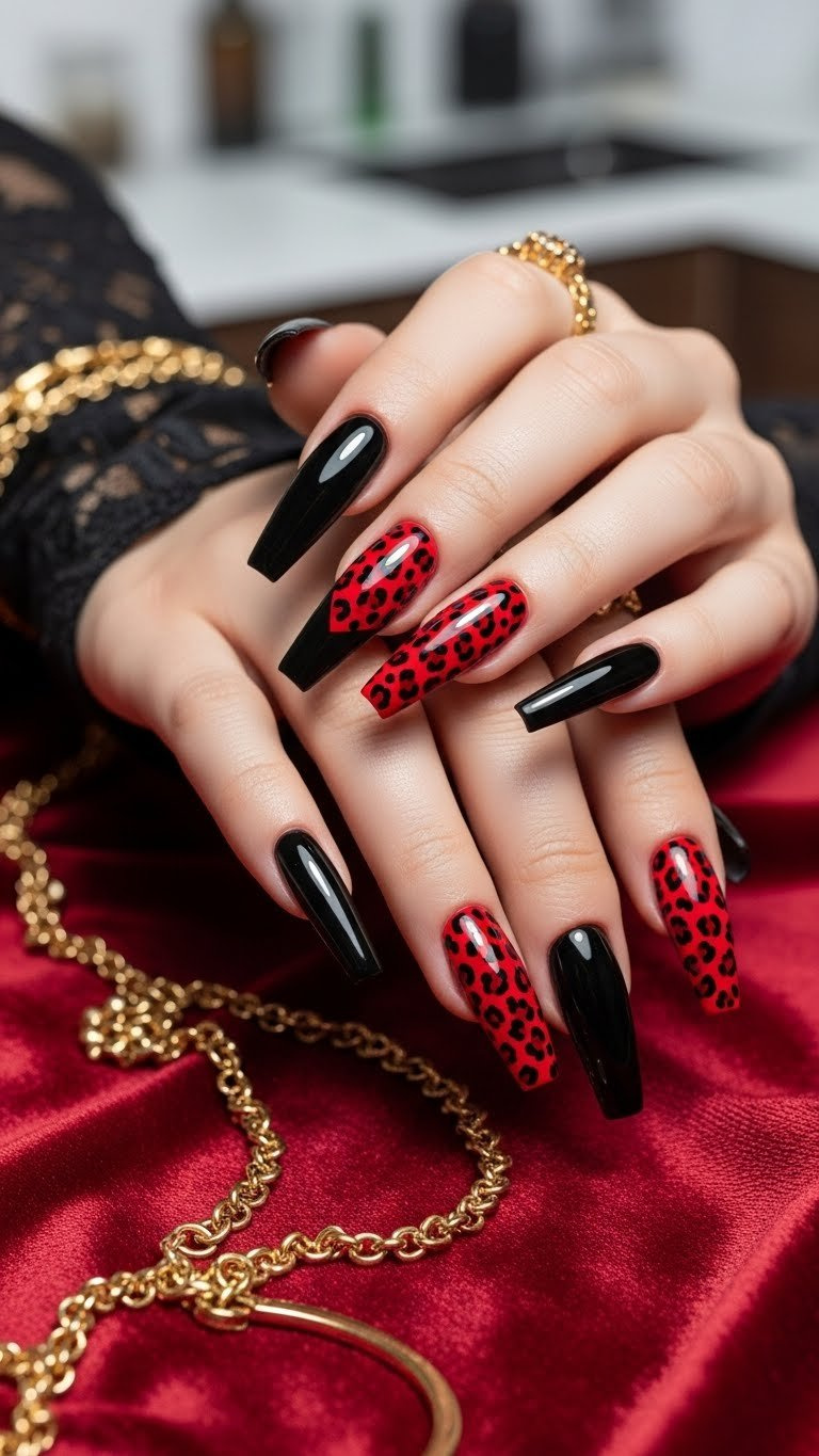 Fierce stiletto leopard nails: black base with vibrant red leopard print tips, gold jewelry, black lace cuff on velvet. Daring manicure.