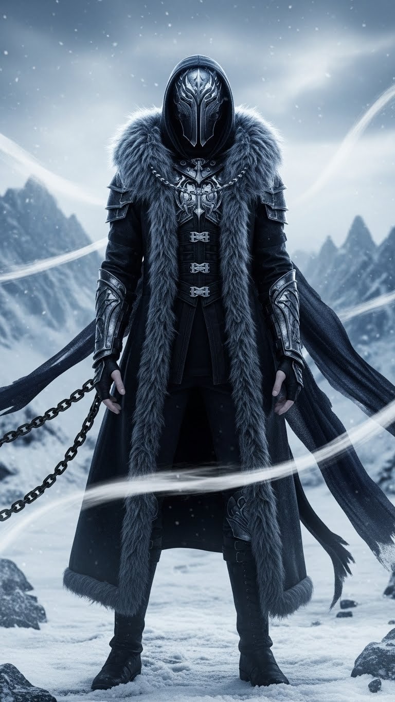 Figure in dark, fur-trimmed winter outfit, standing defiantly in snowy mountains under overcast sky, deep blue and black tones.