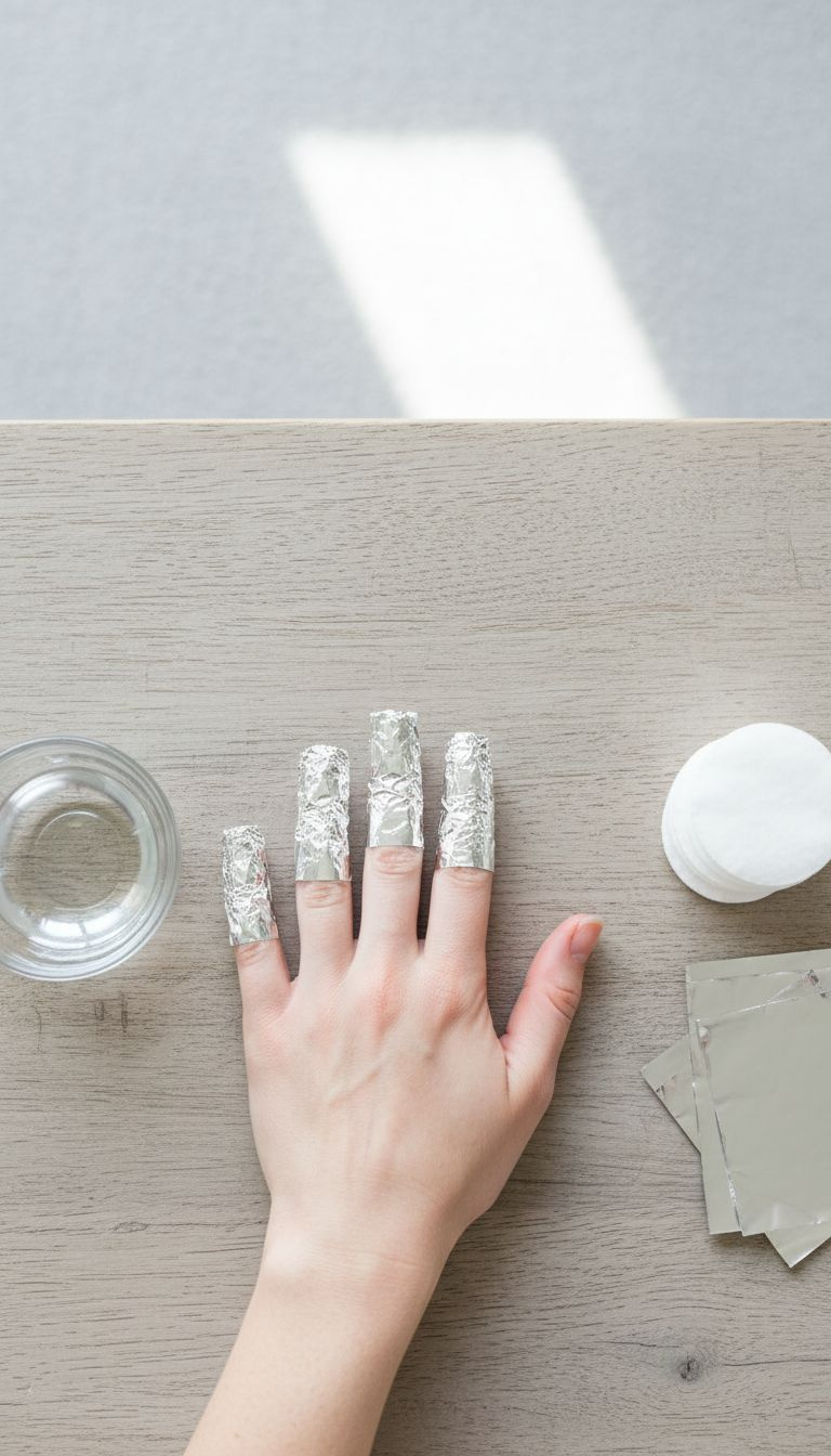 Fingers wrapped in foil packets with acetone, demonstrating safe gel nail removal, with cotton pads and acetone bowl. Nail care.