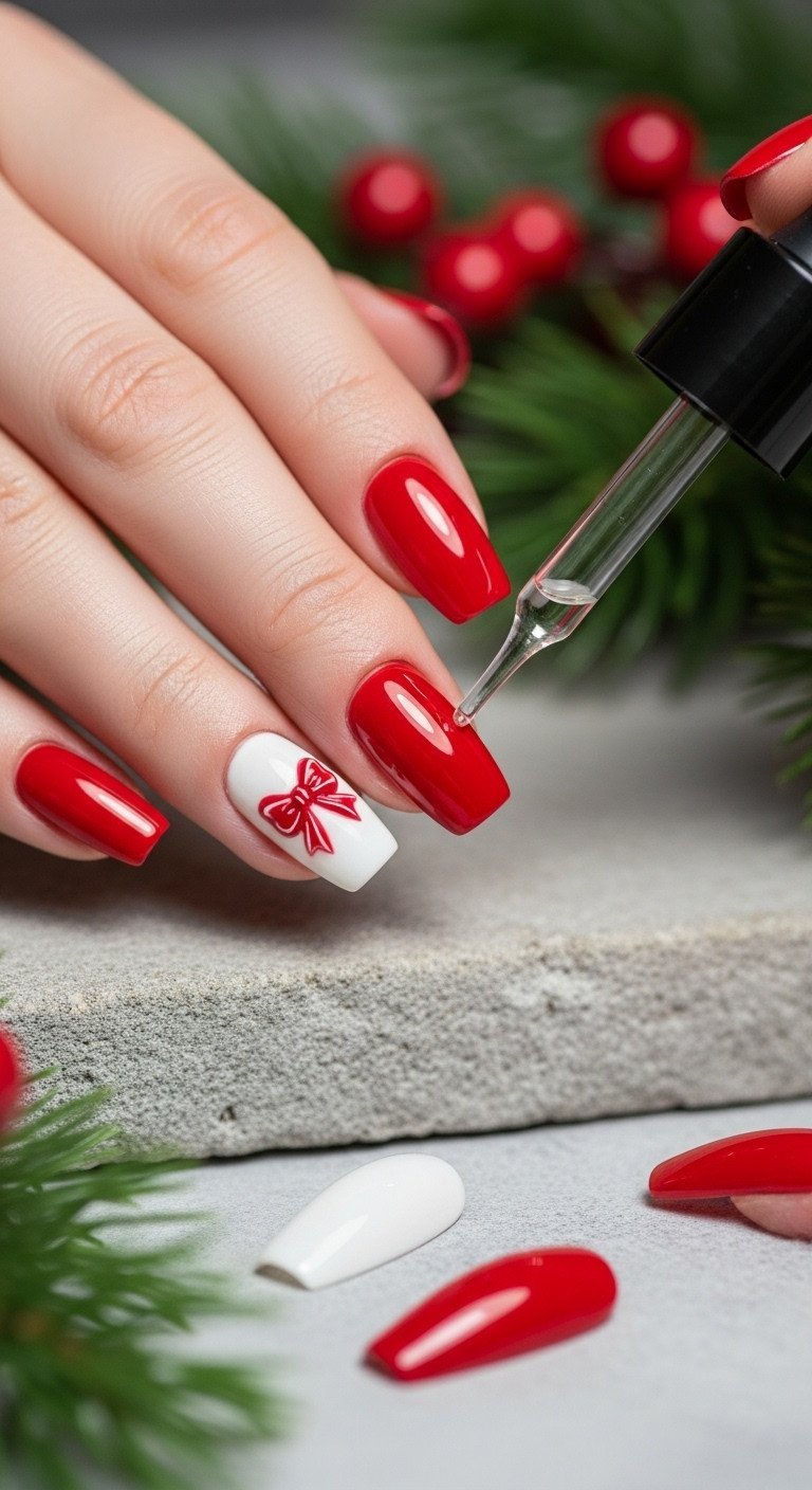Finished glossy Christmas BIAB nails with a bow design and high-shine top coat, cuticle oil applied. Festive holiday manicure on stone.