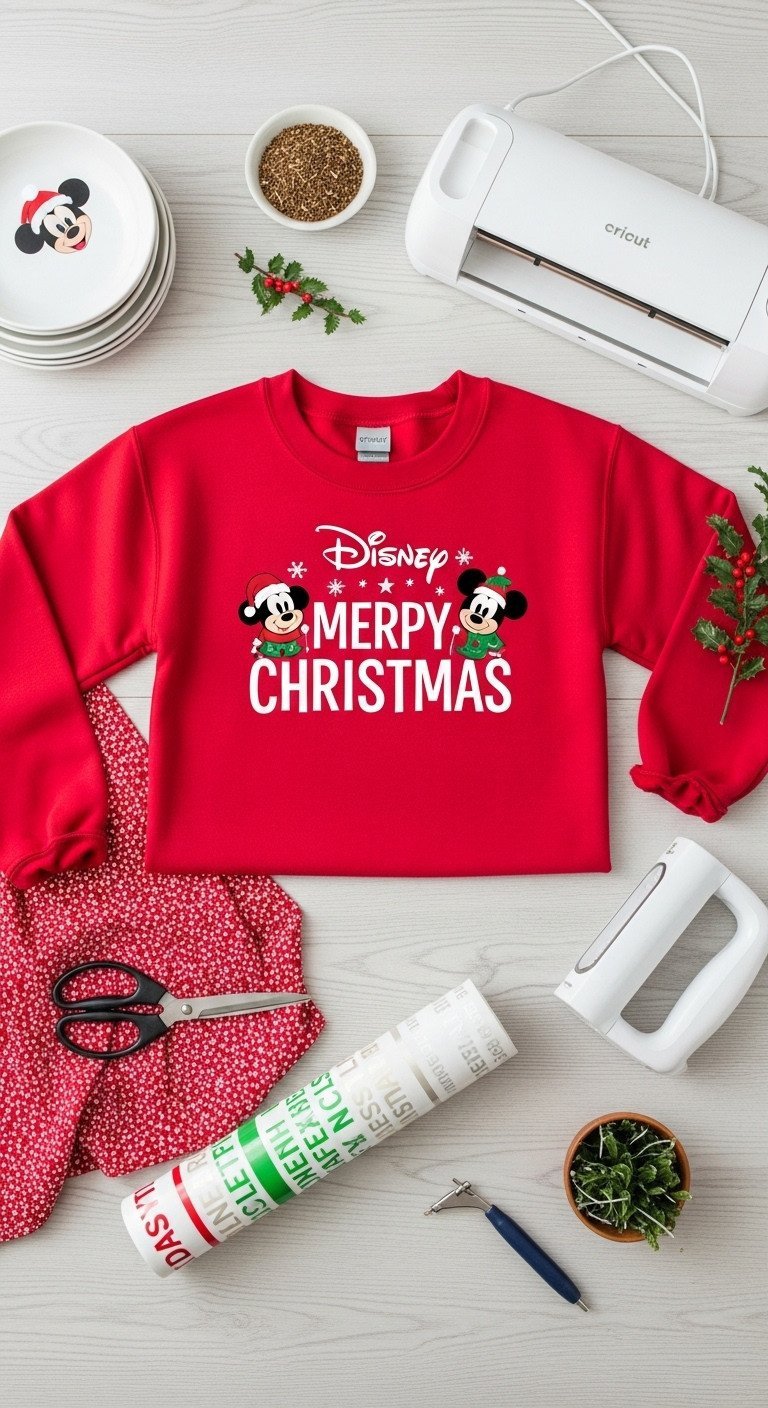 Flat lay of DIY Disney Christmas shirt supplies with a Cricut machine, red sweatshirt, and white iron-on vinyl on a wood table.