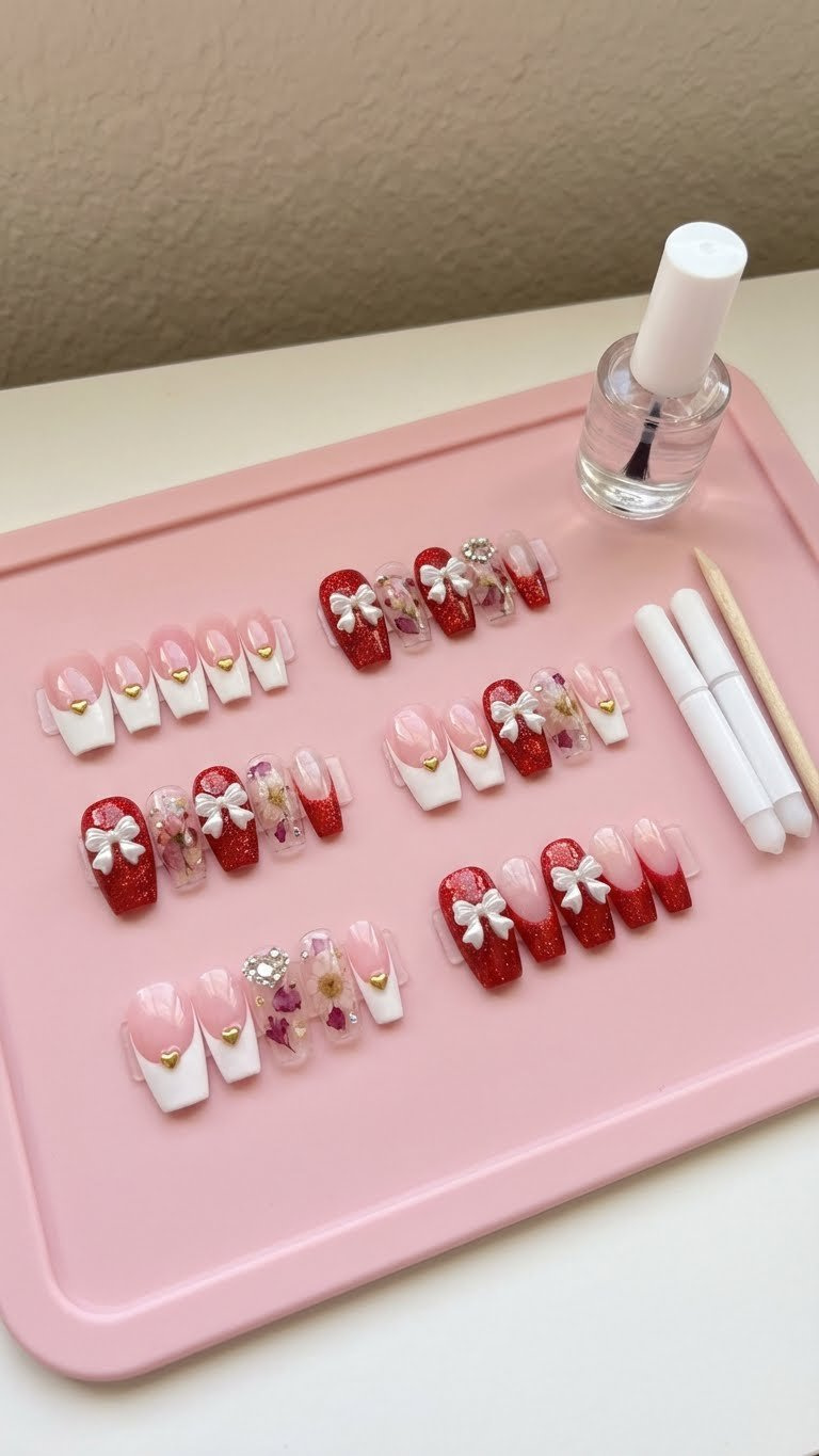 Flat lay of Valentine's Day press-on nails with heart and rhinestone charms, on a pink mat with glue and topcoat.