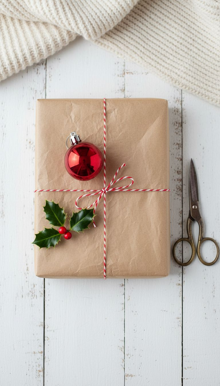 Flat lay of a Christmas gift in brown kraft paper, tied with baker's twine and topped with a red ornament and holly.