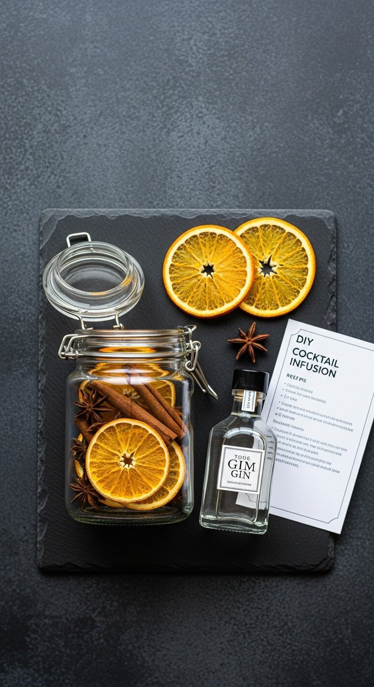 Flat lay of a DIY gin infusion kit with a glass jar of dehydrated oranges, cinnamon, and star anise on a slate surface.