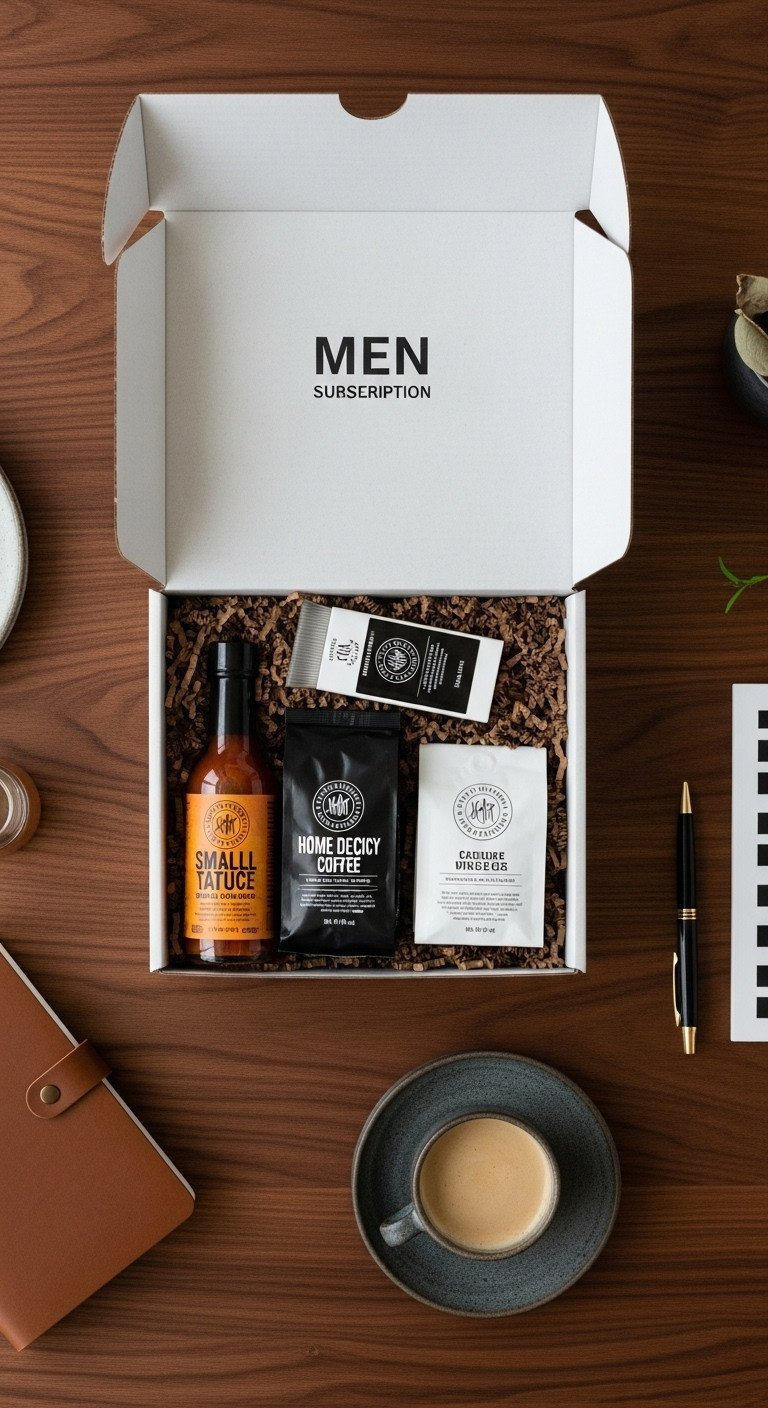 Flat lay of a men's subscription box with hot sauce, coffee, and grooming products on a dark walnut wood desk.