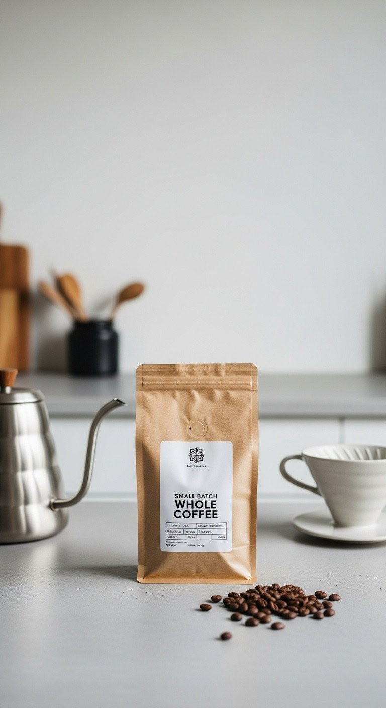 Flat lay of a minimalist kraft paper bag of whole coffee beans on a concrete counter with a pour-over cone and kettle.