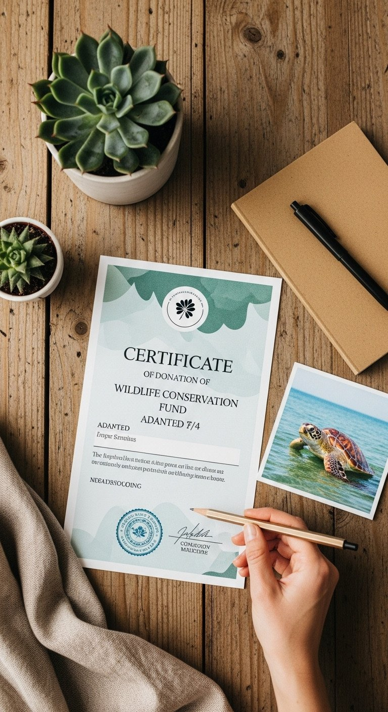 Flat lay of a wildlife conservation donation certificate and sea turtle photo on a rustic table, a meaningful, eco gift.