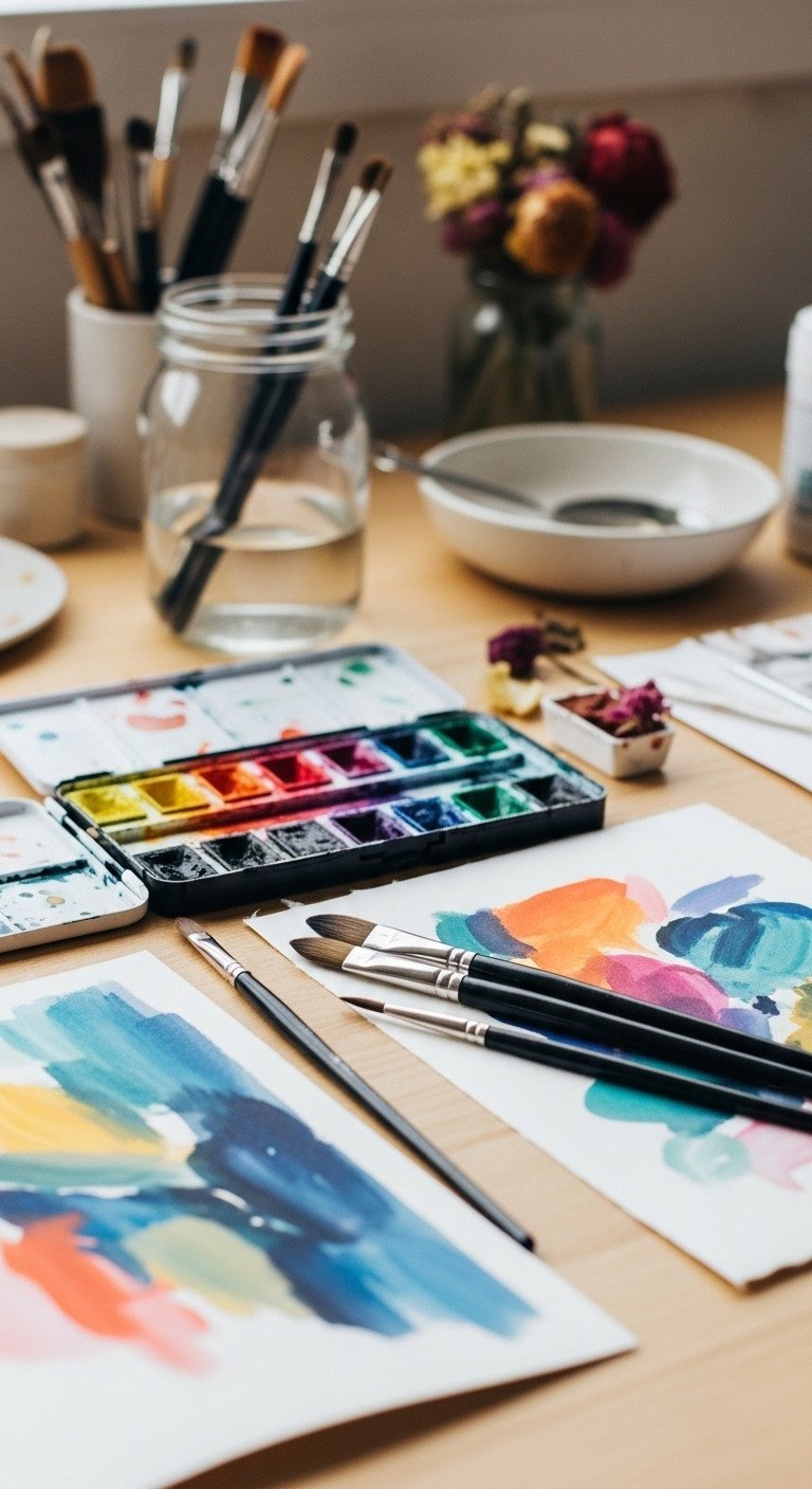 Flat lay of an artist's desk with a watercolor paint palette, brushes, and an unfinished abstract painting on paper.