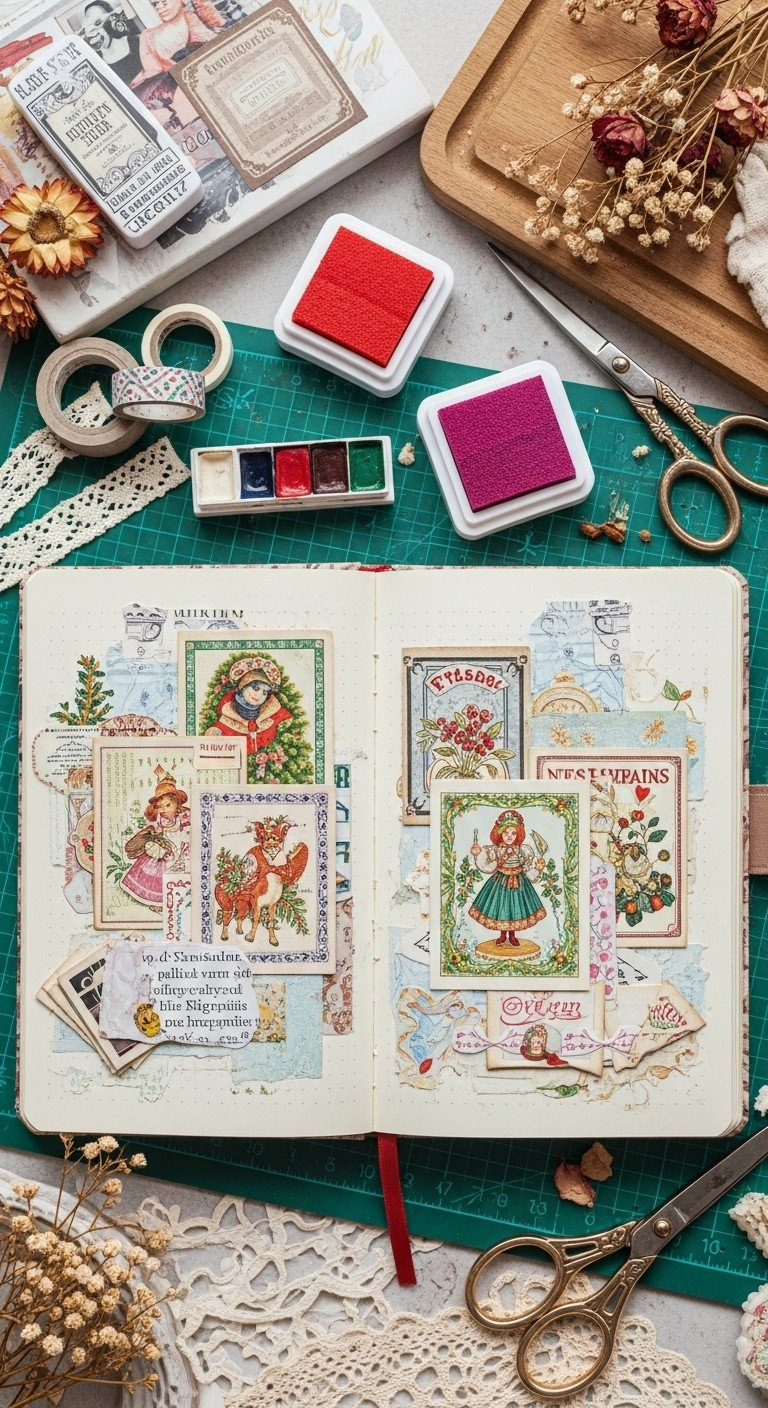 Flat lay of an open junk journal with pages decorated using collage pieces and ephemera from old Christmas cards.