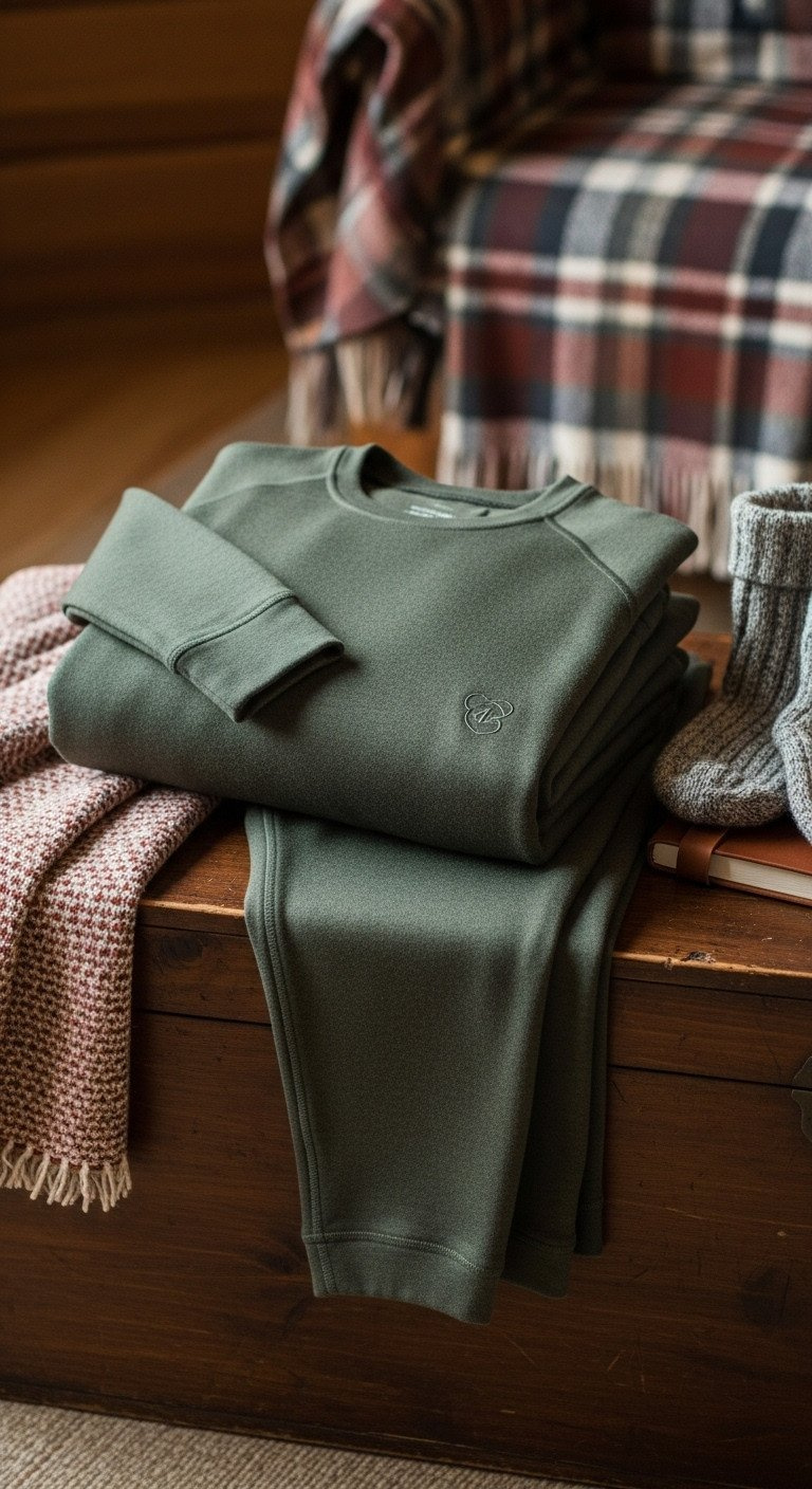 Flat lay of folded olive green merino wool base layers with thick wool socks and a journal on a rustic wooden chest.