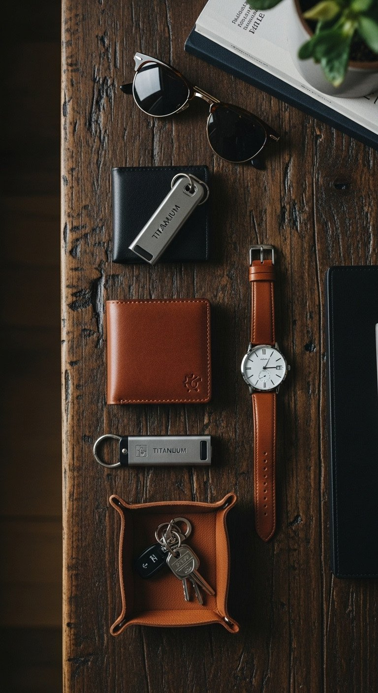 Flat lay of men's everyday carry: a leather wallet, titanium key organizer, and watch on a reclaimed wood surface.