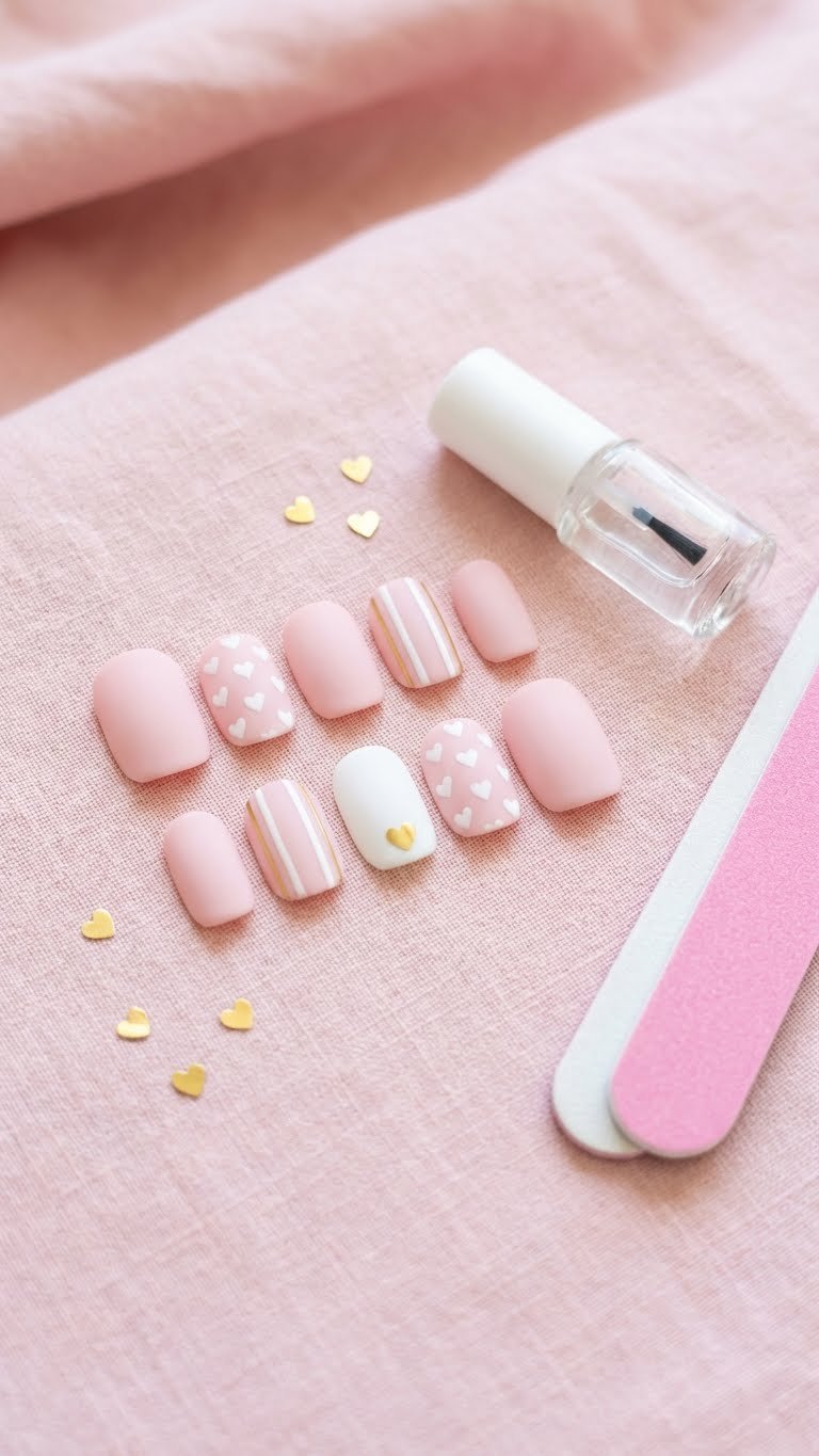 Flat lay of short matte pink and white press-on nails with heart designs, nail glue, file, gold decals, custom set.