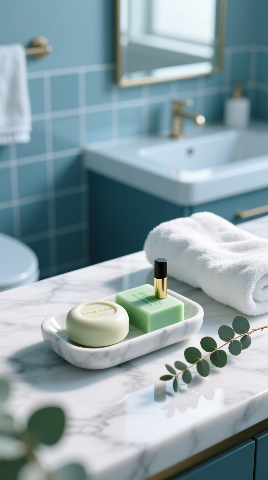 Flat lay of solid toiletries for sustainable travel, including a shampoo bar and conditioner bar on a marble counter.