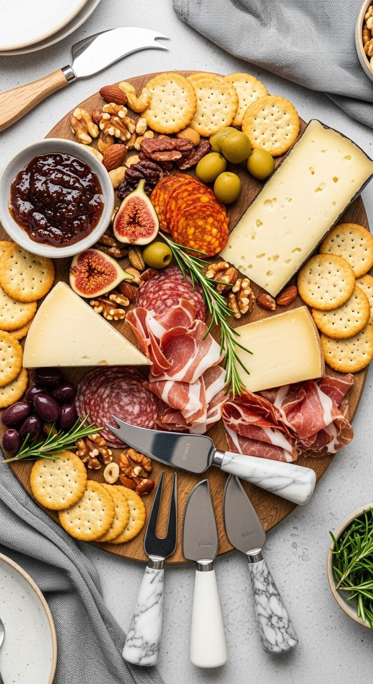Flat lay of stylish cheese knives with marble handles on a slate charcuterie board with meats, cheeses, and fig jam.