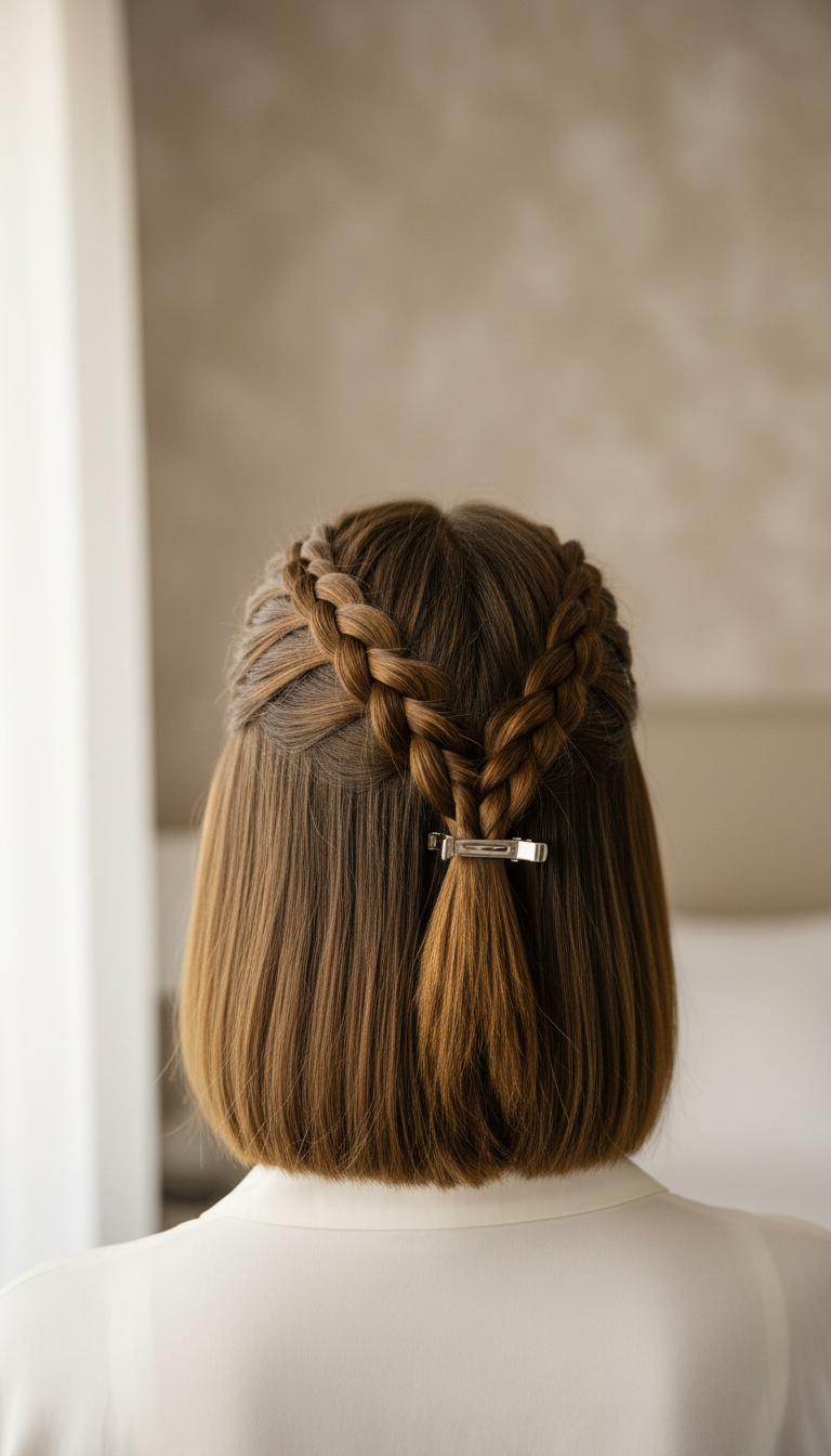 Flattering half-up Dutch braid on a sleek short bob haircut, with a silver clip securing braids. Adds dimension to short hair.