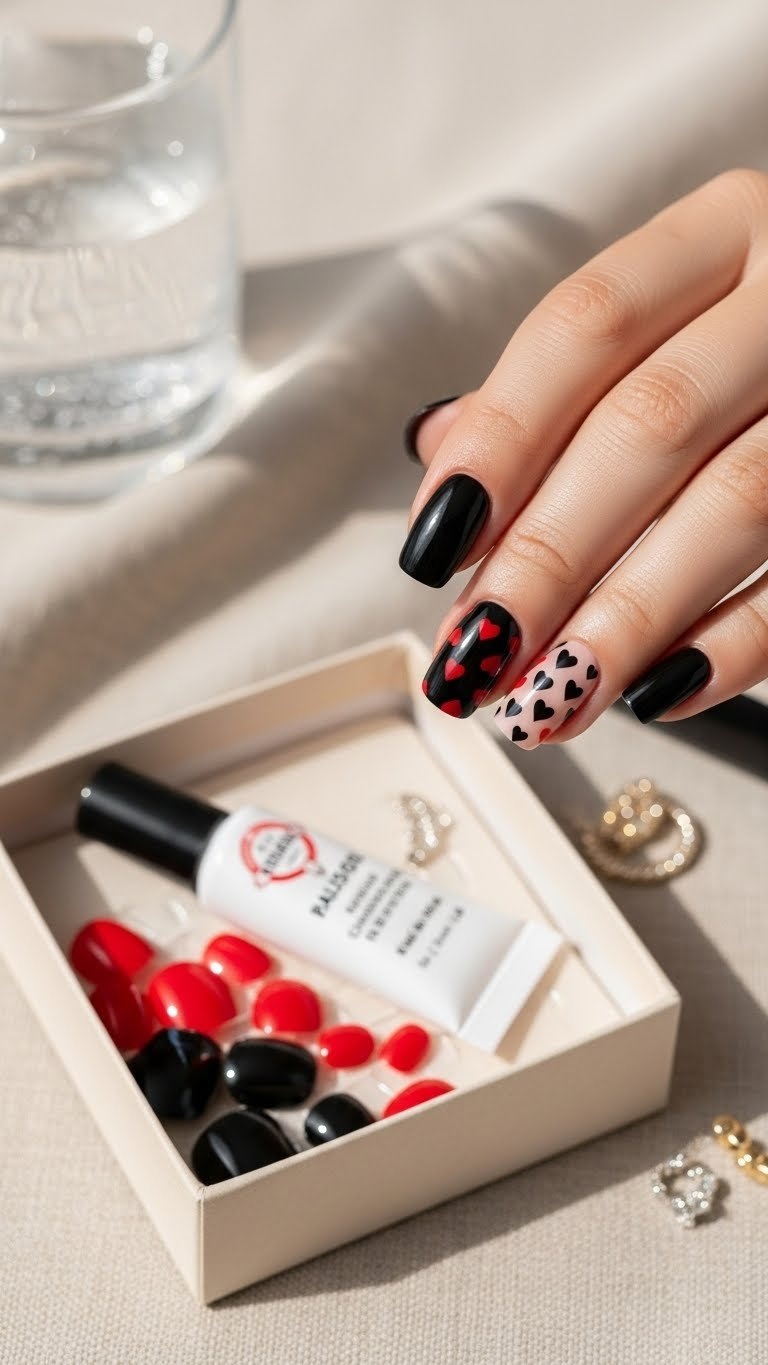 Flawless black and red press-on nails with heart patterns, glossy finish, in elegant box with glue on neutral linen.
