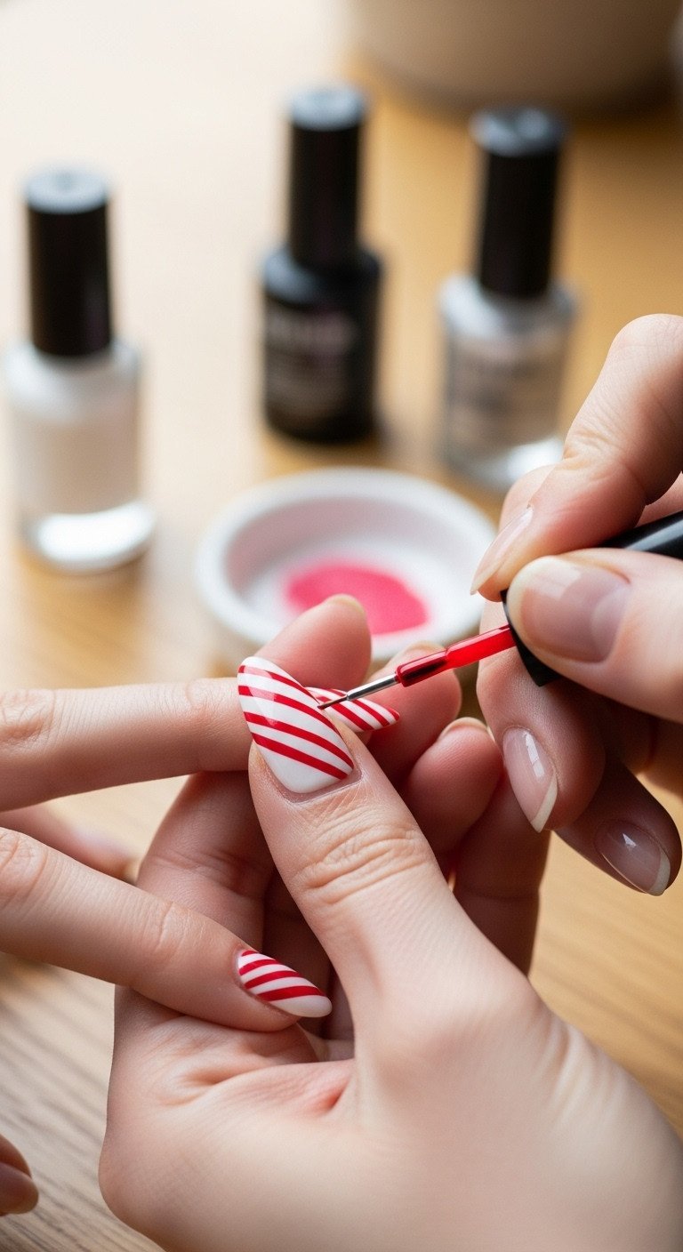Freehand painting thin diagonal red stripes on almond-shaped nail with white base coat, using a fine striping brush.