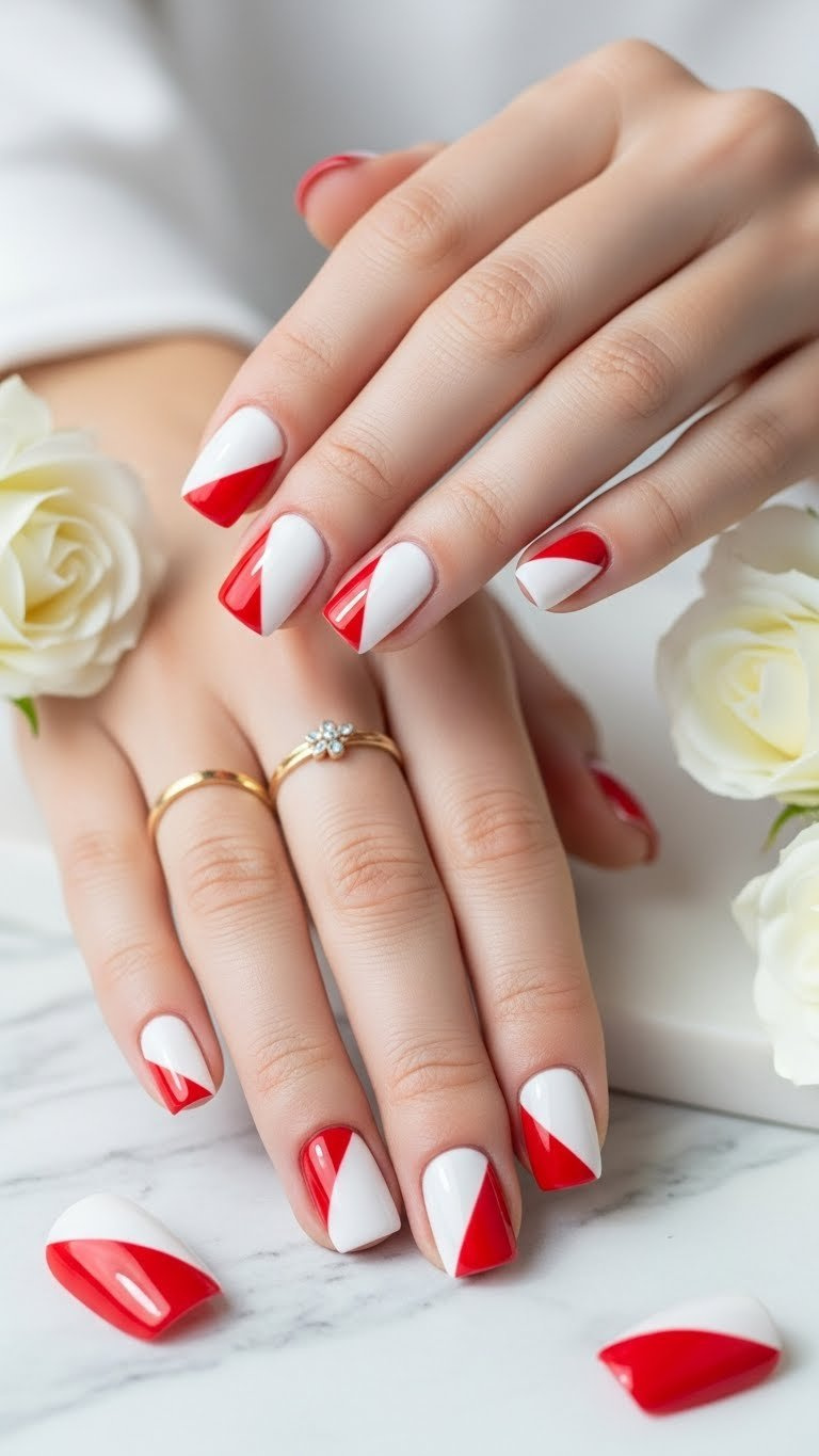 Fresh short square Valentine's Day nails with a clean geometric red and white color block design on marble.