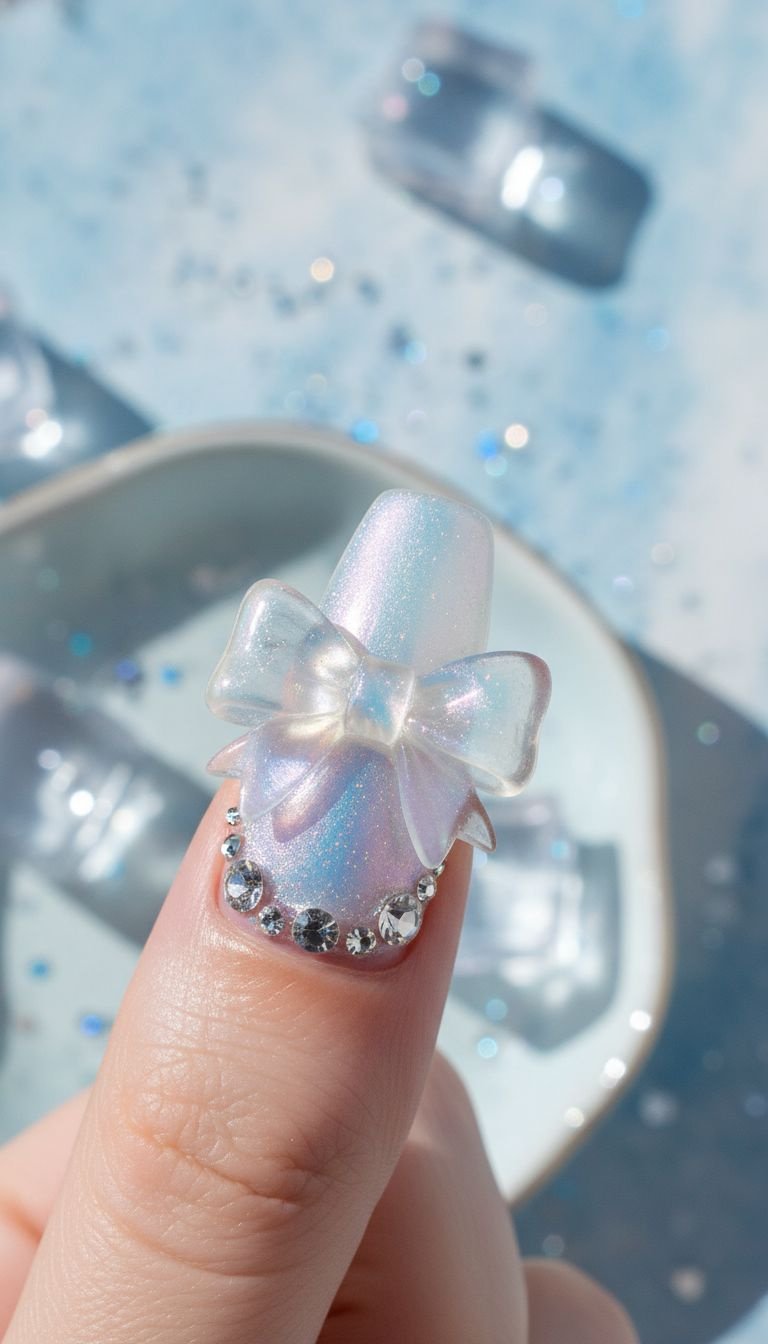 Frosty iridescent aurora chrome 3D bow nails with crystal rhinestones. Icy sheen on white porcelain dish with ice cubes, shimmering.
