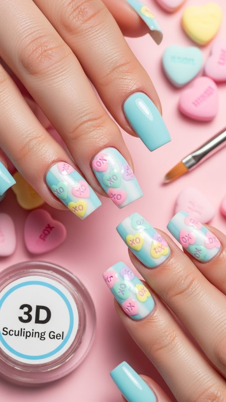Fun textural manicure: glossy light blue square nails with raised 3D pastel candy hearts and tiny XO letters.