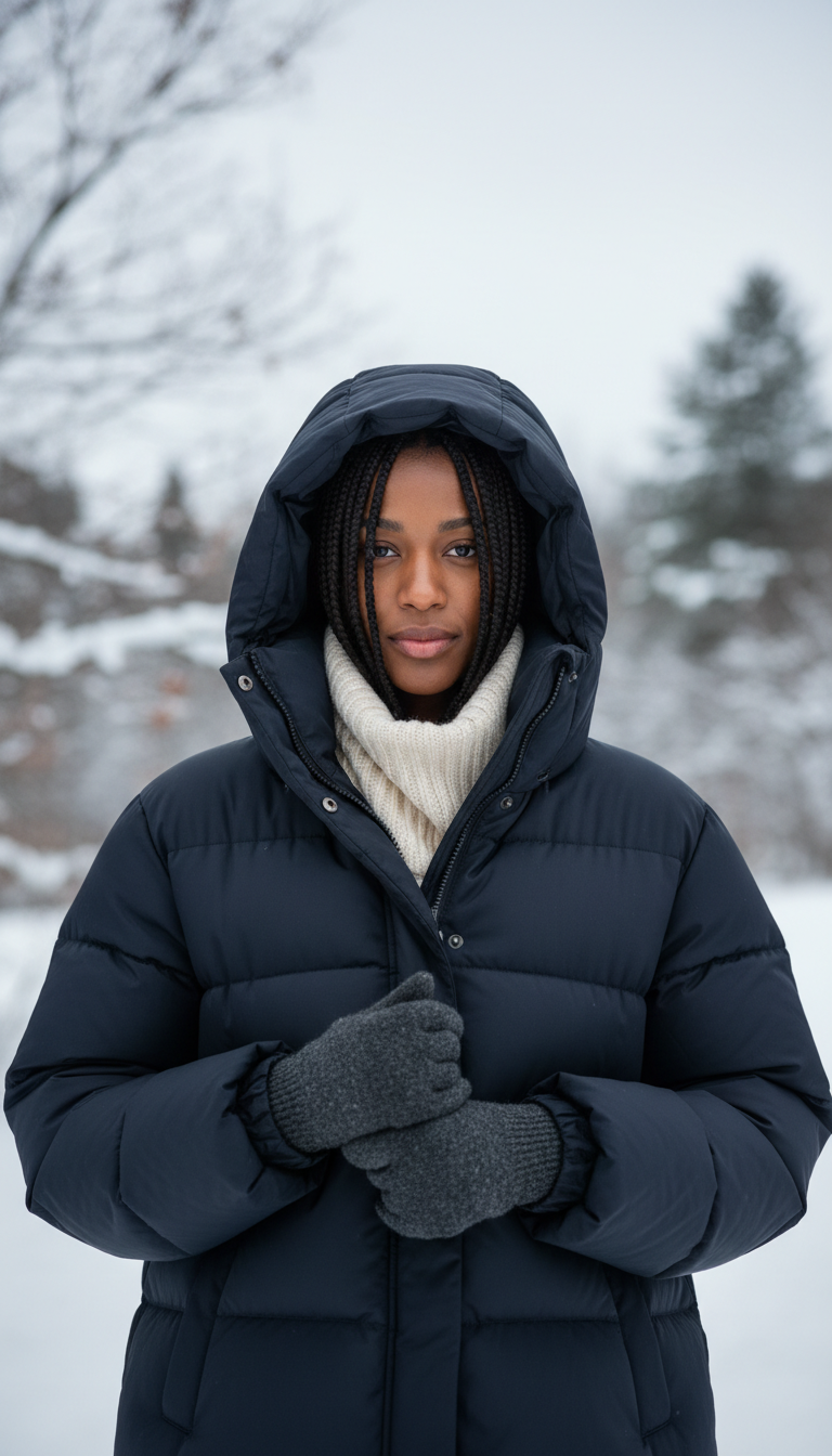 Functional winter fashion: dark hooded puffer coat, micro braids peeking, thermal mittens, knit scarf, snowy outdoor setting.