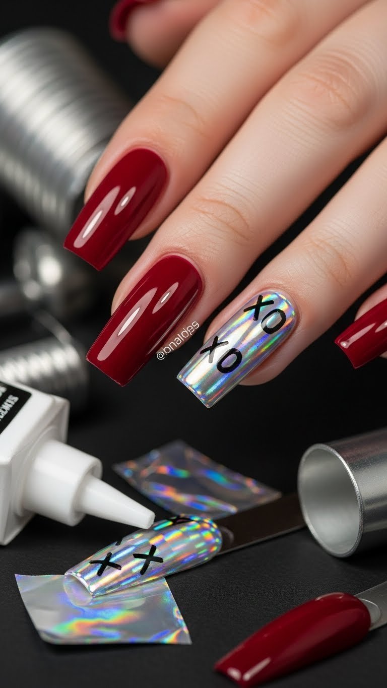 Futuristic deep burgundy nails with shimmering rainbow holographic foil and negative-space XO cutouts.