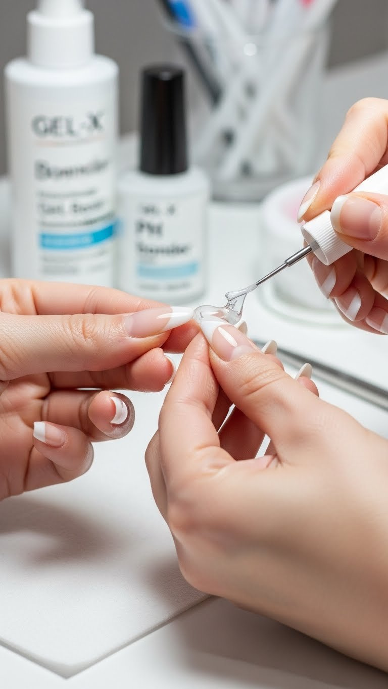 Gel-X application for almond nails. Clear sculpting gel applied with flash curing lamp. Professional manicure process.