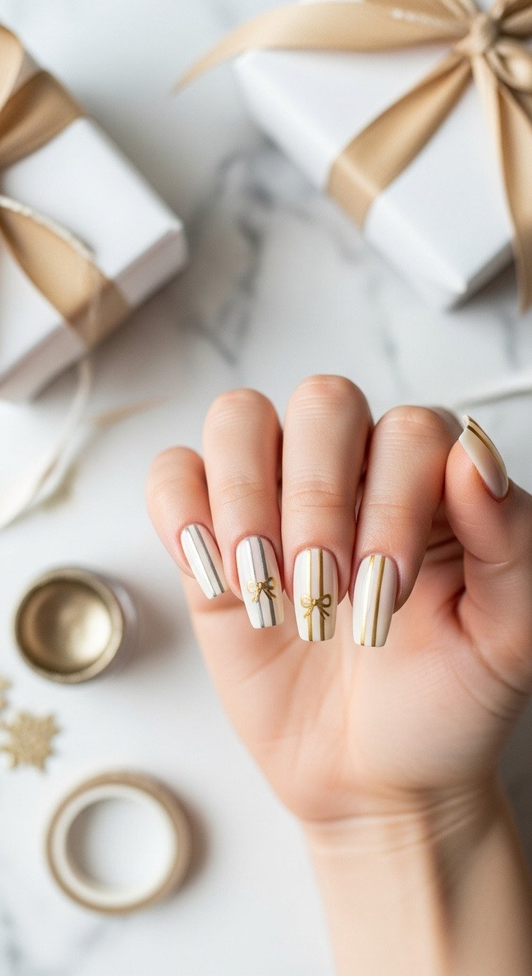 Gift-wrapped ribbon line bows on ivory medium nails with metallic gold lines and bow. White marble, blurred gift boxes.