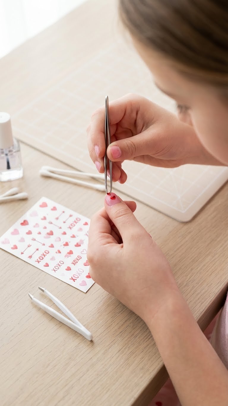 Girl places tiny heart nail decal on polished fingernail with tweezers. Easy Valentine's Day nail art for kids.