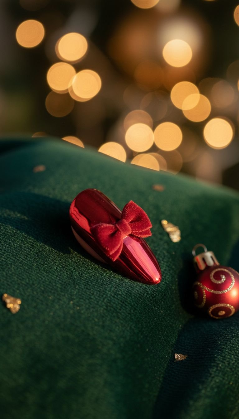 Glamorous Christmas almond nail with reflective red chrome and a matte velvet red 3D bow design. Festive.