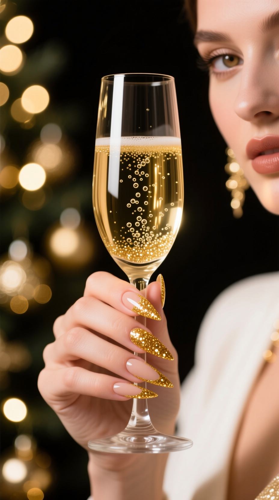 Glamorous Christmas manicure on stiletto nails holding a champagne flute. A cascade of gold glitter creates a gradient on a sheer nude base.