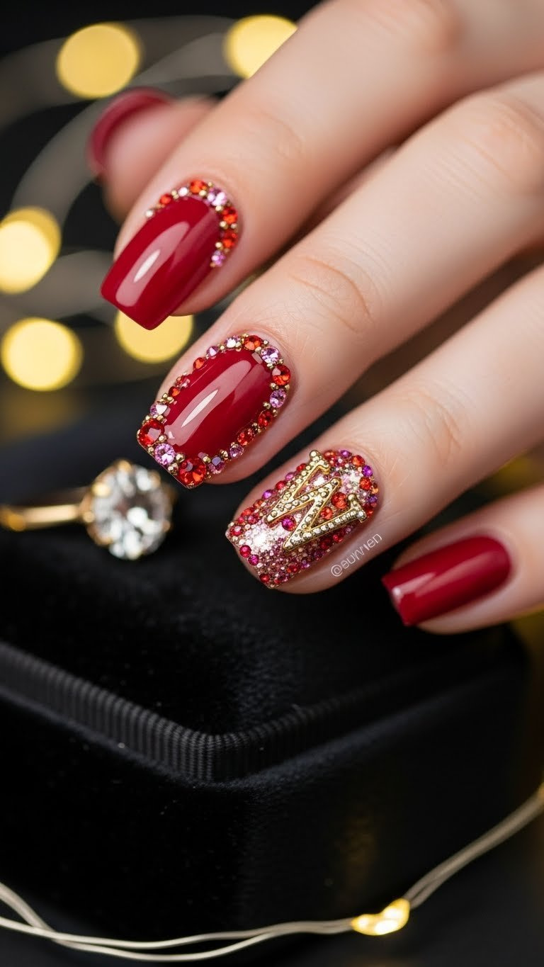 Glamorous deep red nail with a sparkling gold initial 'W' outlined in red rhinestones, on black velvet.