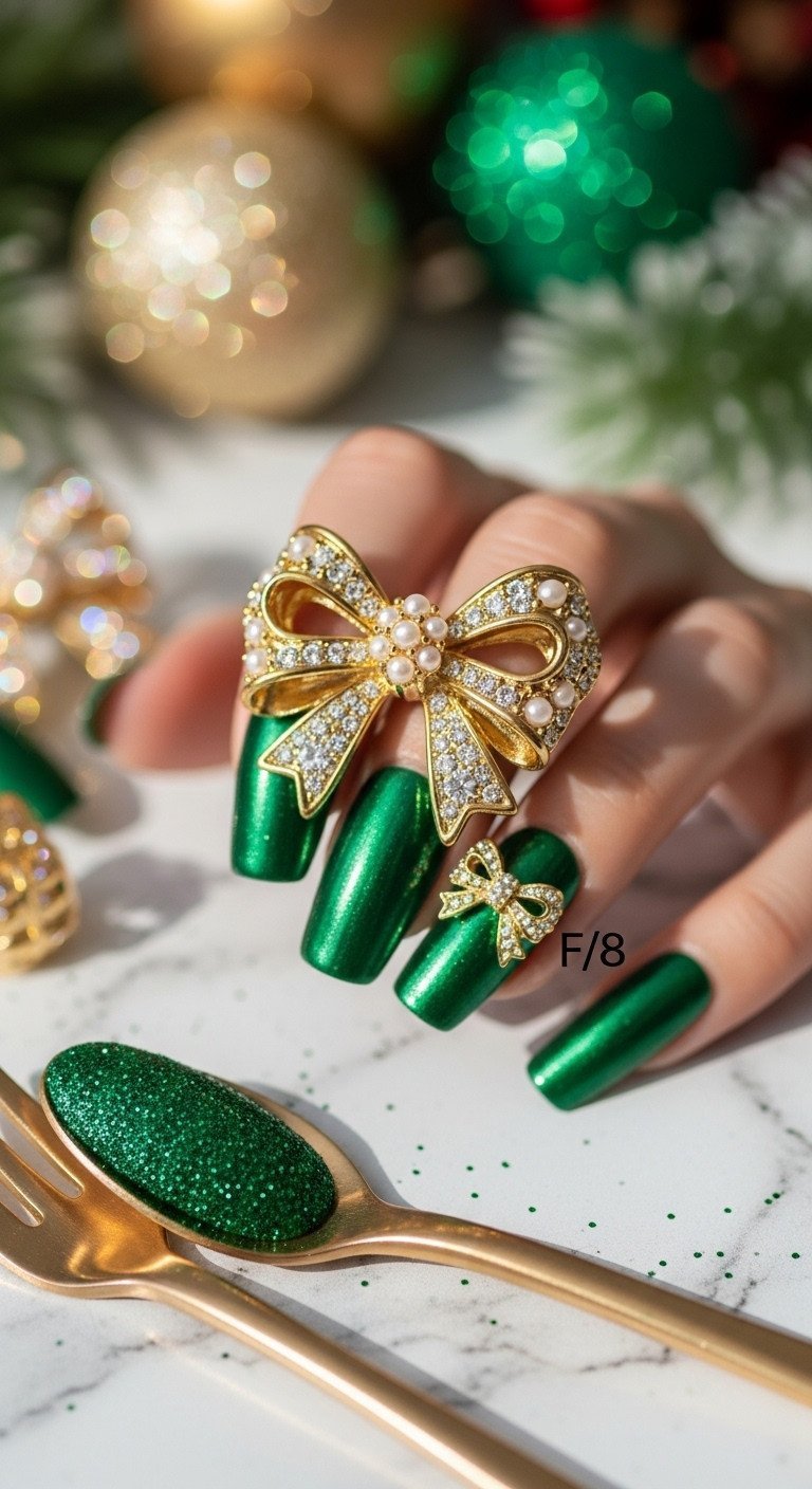 Glamorous emerald green pearl-center gold bow tie nail design, sculptural 3D charm, marble, subtle holiday decor.
