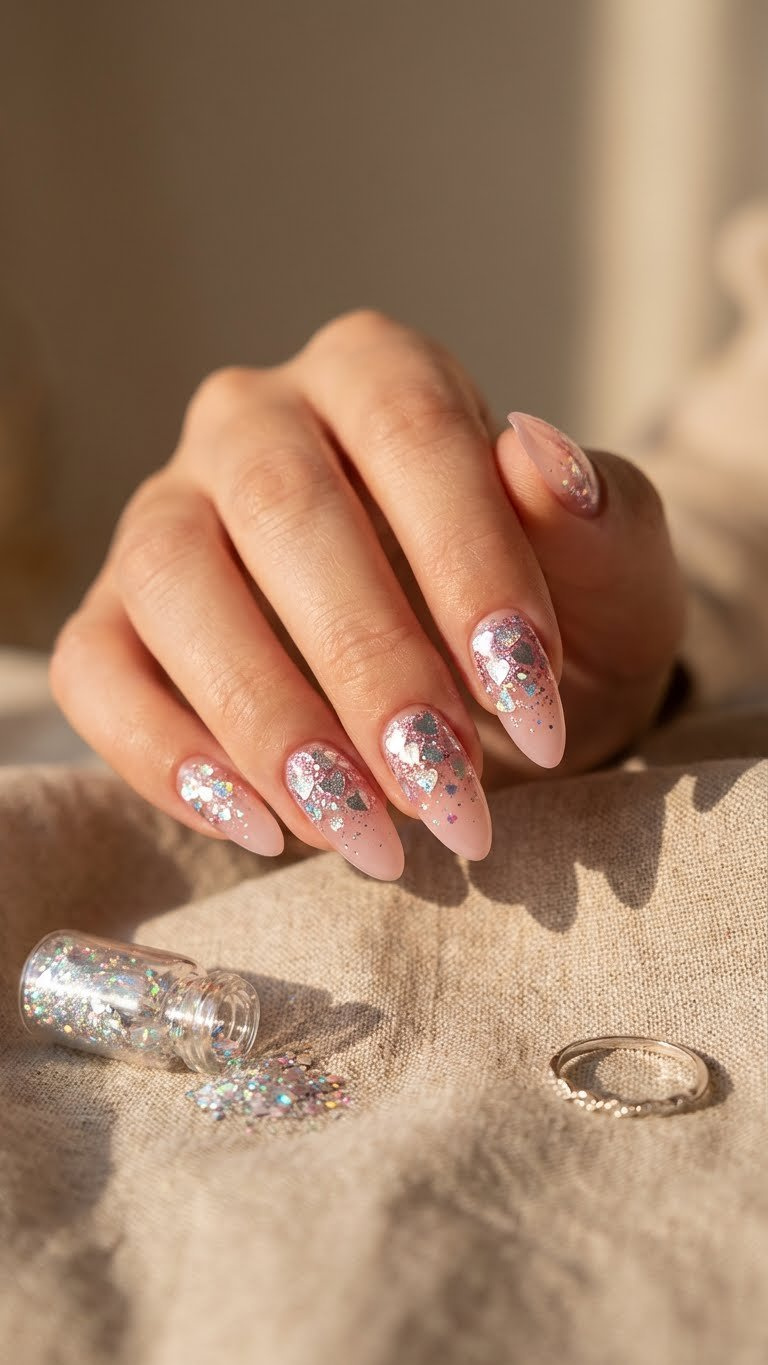 Glamorous glitter heart gradient nails on long almond shapes. Holographic silver-pink glitter on a sheer base from cuticle.