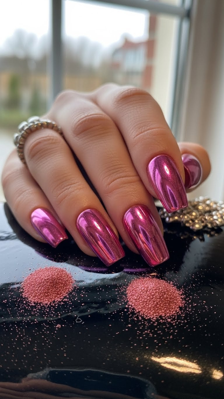 Glamorous metallic pink chrome stiletto nails with a mirror-like finish, shifting to rose gold, on black patent leather.